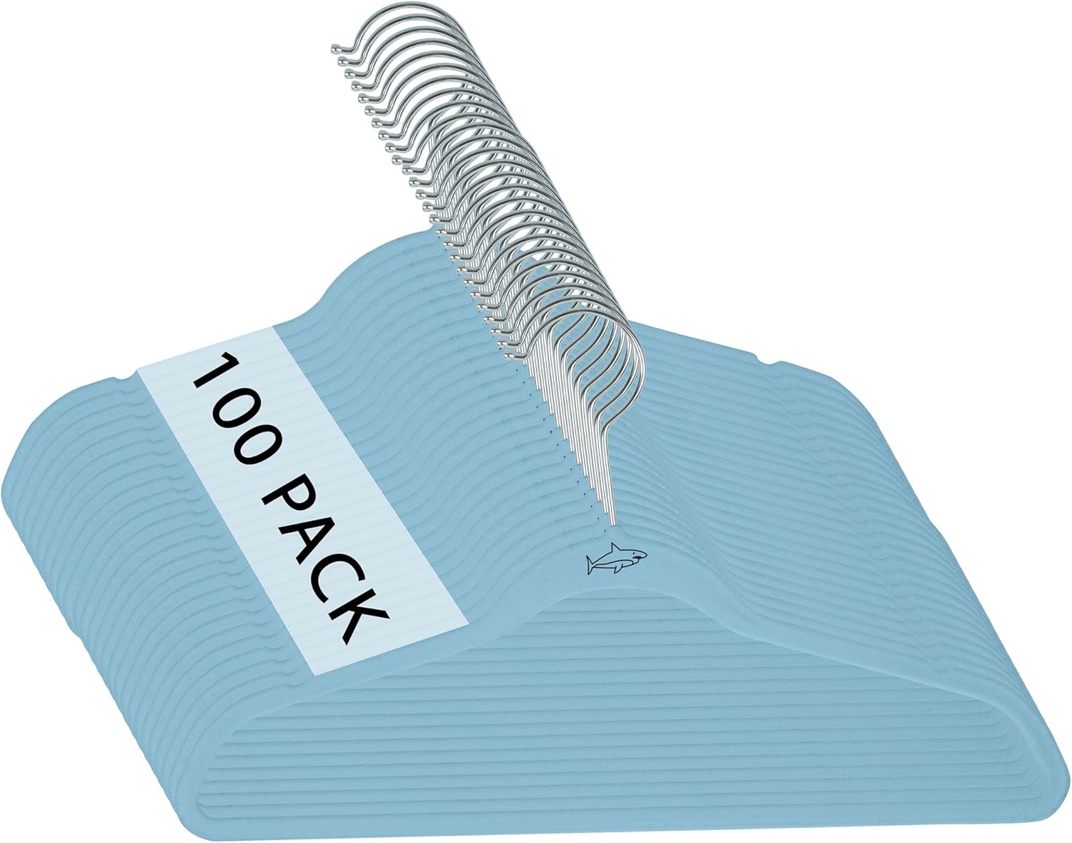 Simplify Kids 100 Pack Velvet Hangers with Shark Icon in Light Blue