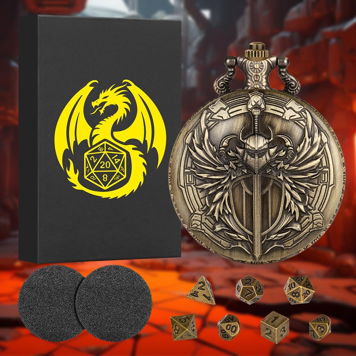 Mini DND Dice Set with Steampunk Paladin Pocket Watch Shell Case, DND Starter Set, 7pcs Polyhedral Mini Metal Dice Set, D&D Gifts with Gift Box, Role Playing Board Game Accessories,Bronze