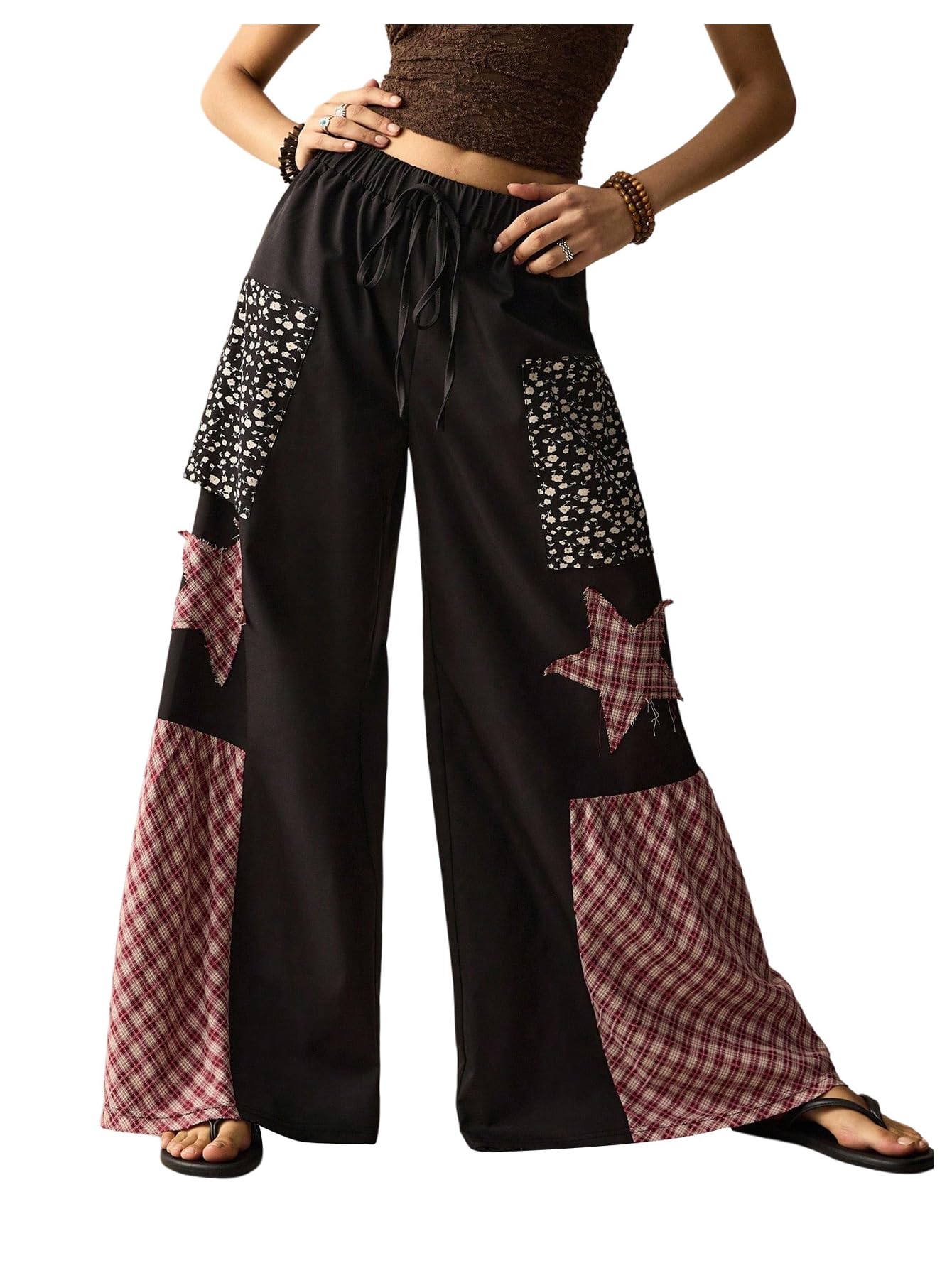 Womens Wide Leg Palazzo Pants Vintange Plaid Patchwork Baggy Pants Star Tie Front Loose Loose Elastic Waist Pants