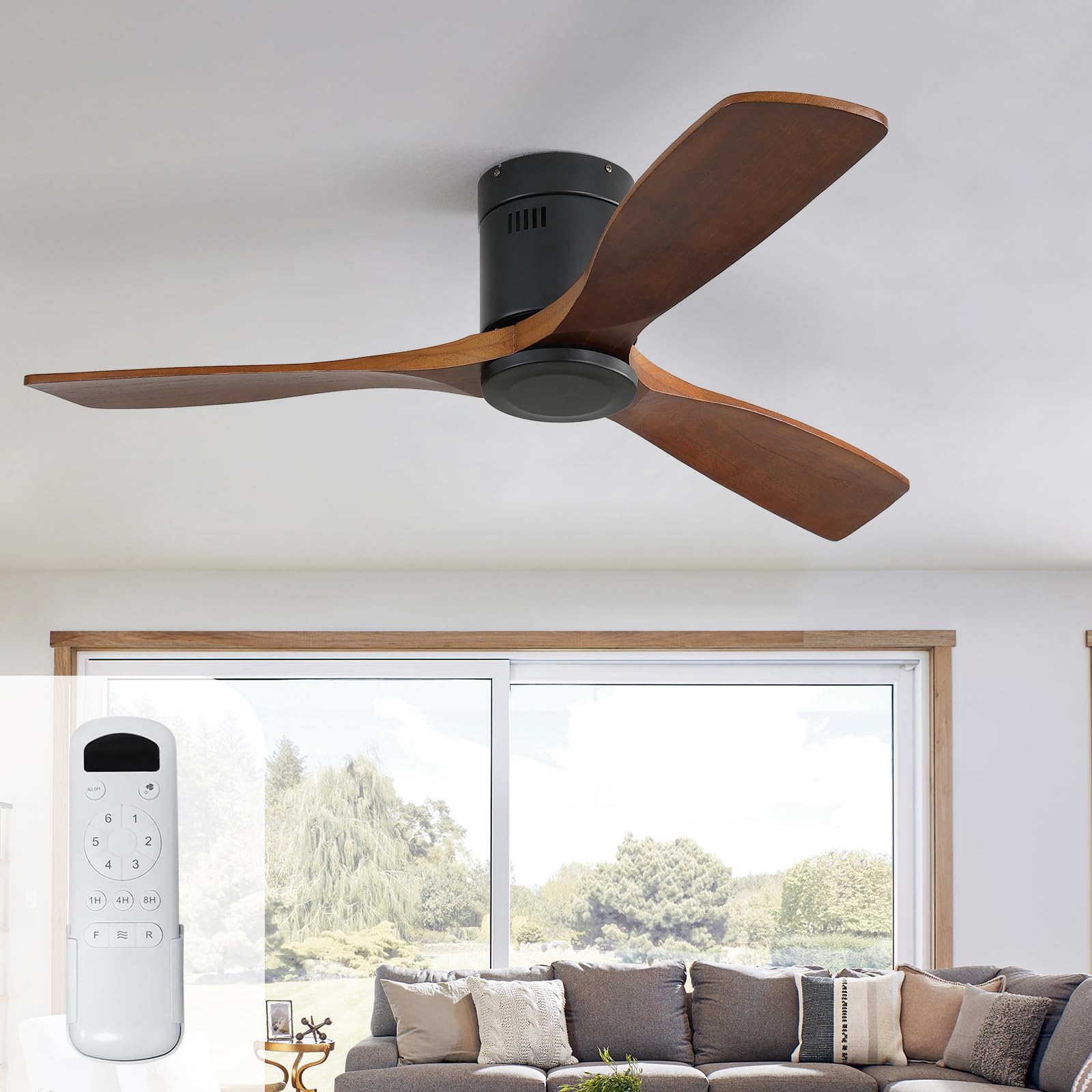 Smart plafondventilator zwart met hout print 132cm incl. LED dimbaar met afstandsbediening