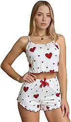 Conjunto de pijama sexy para mulheres, conjunto de 2 peças, conjunto de pijama curto fofo de verão e shorts com nervuras