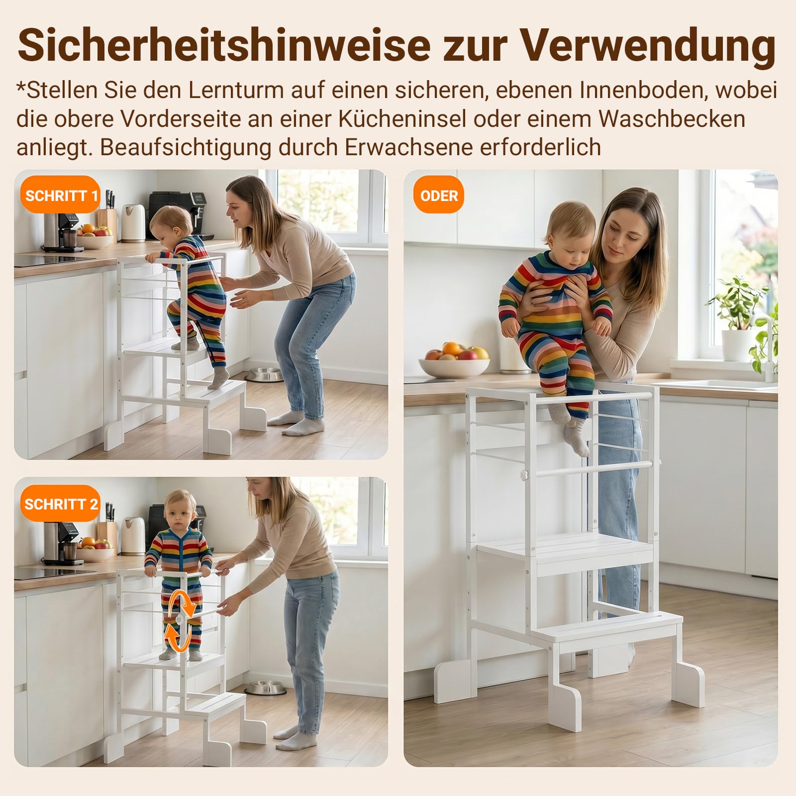 COSYLAND Lernturm Montessori Learning Tower Holz Stabil, Reinweiß | Stabiler Toddler Tower mit 4 Stützfüßen & Rutschschutz. 3-fach höhenverstellbar für Kinder ab 2 Jahren in Küche.