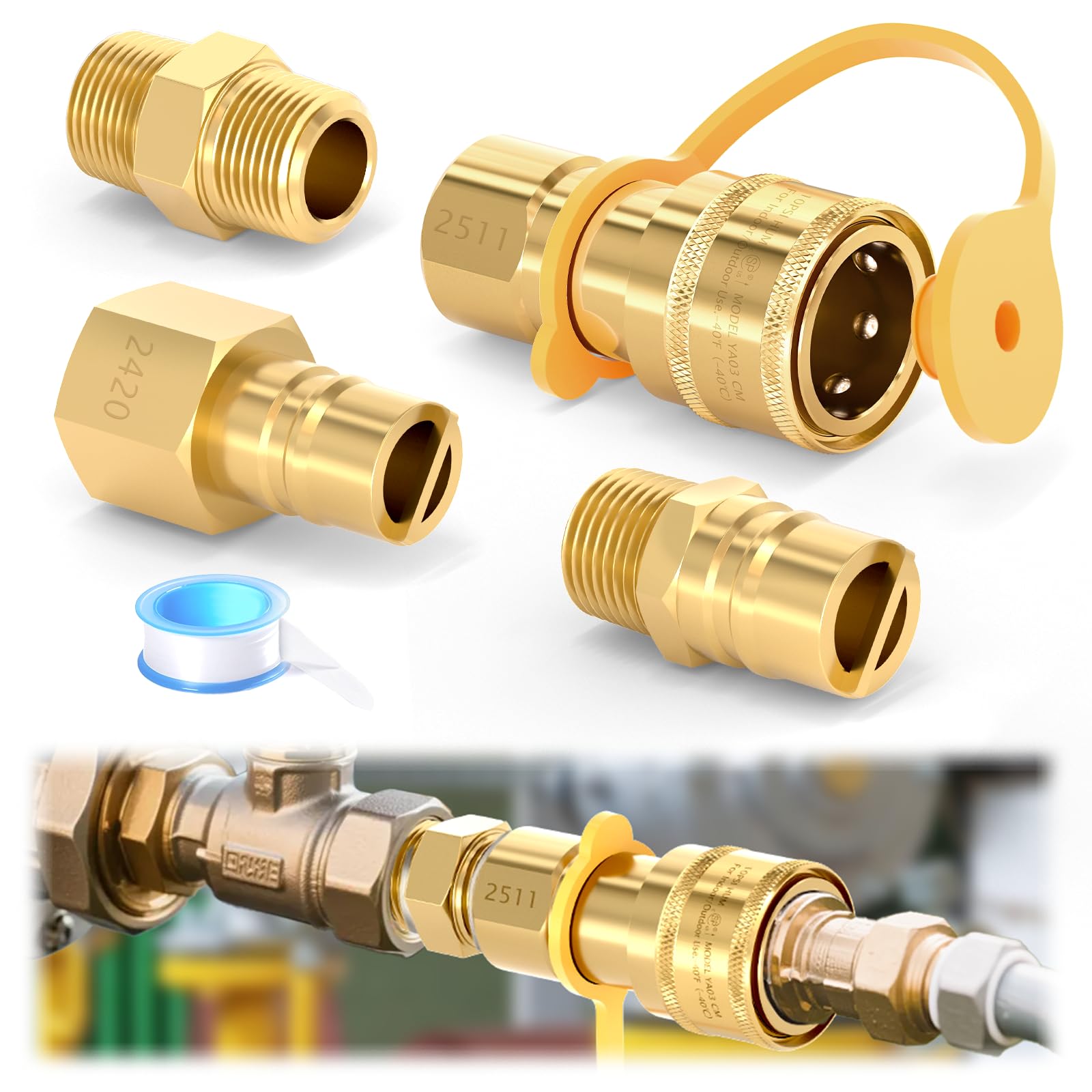 Photo 1 of 1/2" Natural Gas Quick Connect Fittings Kit – Solid Brass Propane Hose Adapter Set for Grill, Heater – Includes Male & Female Coupler with Dust Cap