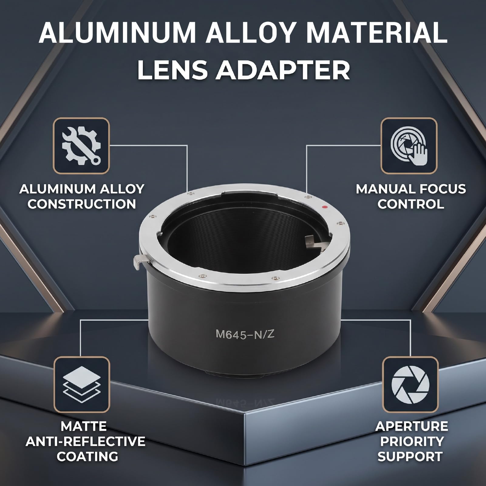 Adattatore per Obiettivo con Attacco M645, Convertitore per Obiettivo con Messa a Fuoco Manuale in Lega di Alluminio con Rivestimento Riflettente Opaco per Fotocamere Z Mount Z5