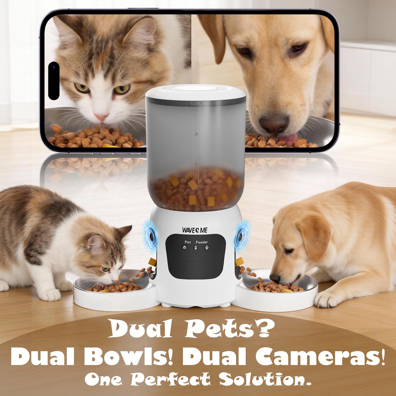 Futterautomat Katze mit Kamera, 6L Dual-WLAN Spender für 2 Katzen | 15 Mahlzeiten, 2-Wege-Audio & Nachtsicht, Futternapf aus Edelstahl für Katzen und Hunde, App-Steuerung per 2.4G/5G WLAN