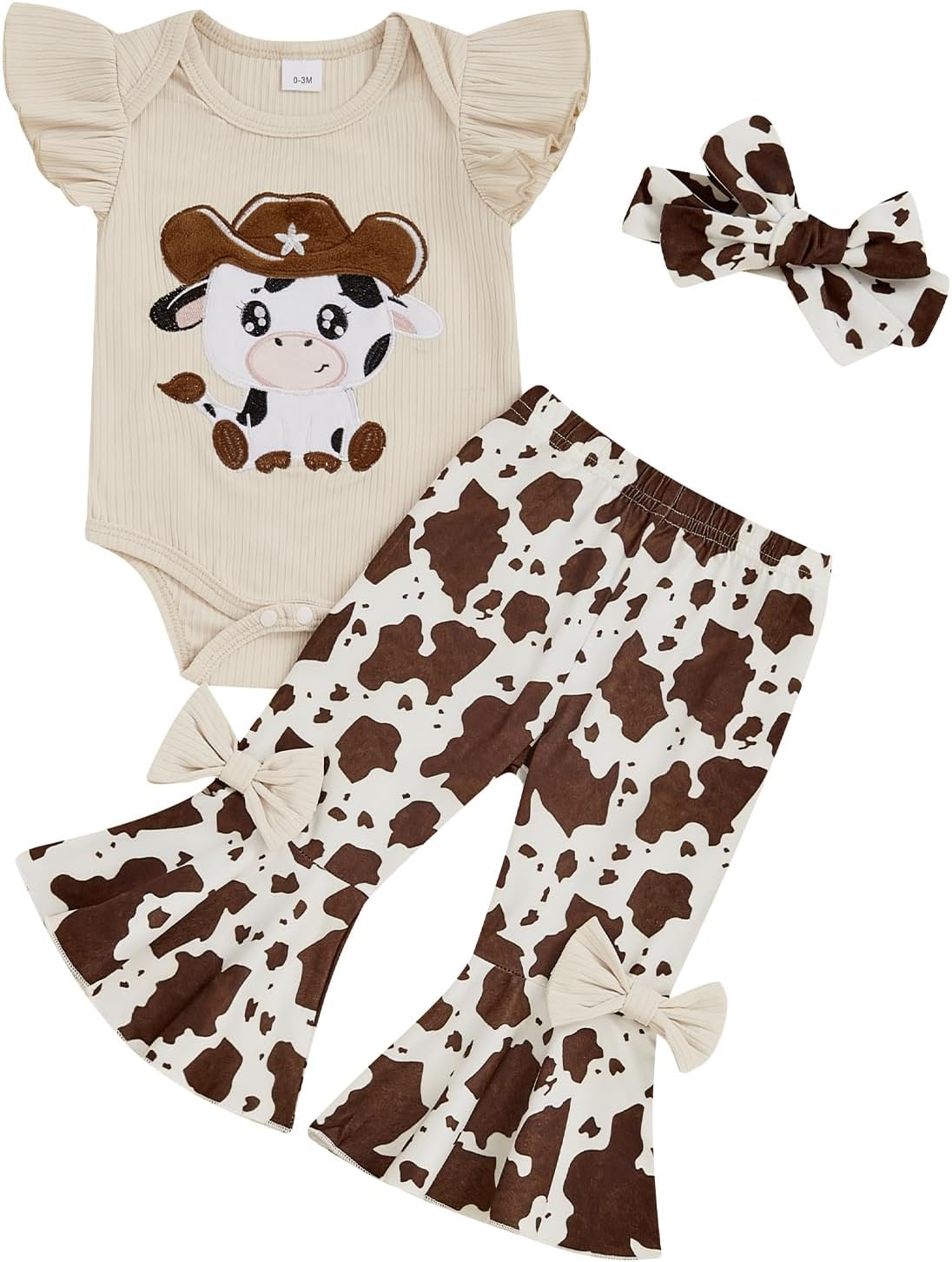 Baby Girl Summer Clothes Western Newborn Girl Short Sleeves Animal Cow Romper Pants Headband Set Outfits