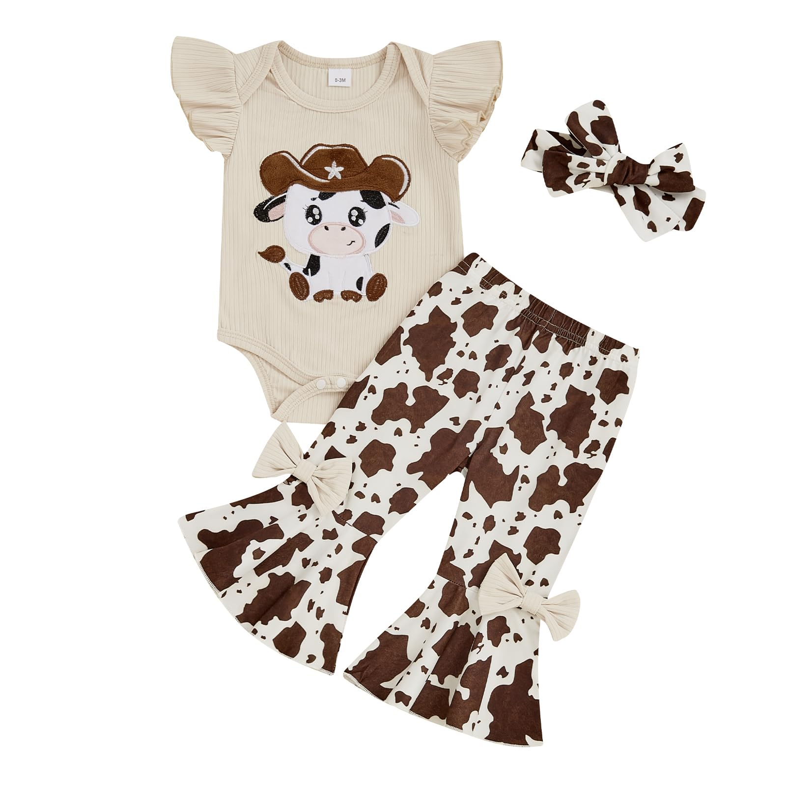 My First Rodeo Baby Girl Outfit Newborn Romper Pants Set | Infant Cowgirl Western Clothes Long Sleeve Romper Bell Bottom Pants 3Pcs Set 3-6 Months Beige-cute Cow