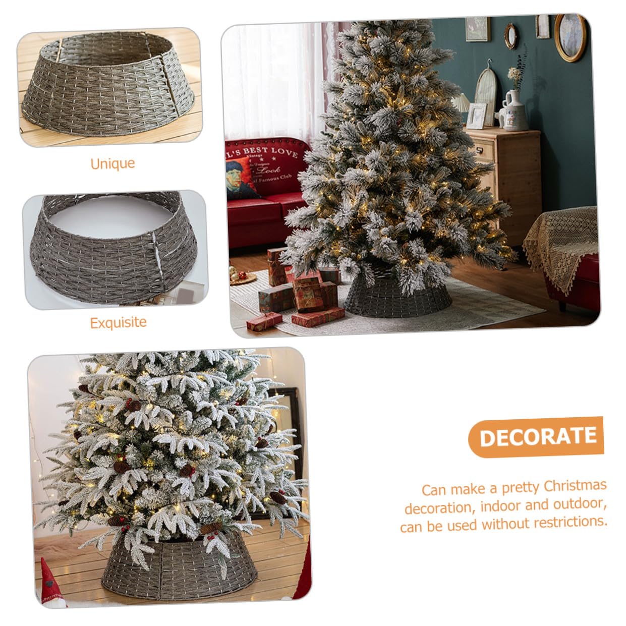 Lurrose Gonna per Albero di Natale in Rattan Intrecciata Piccola Grigia, Collare Decorativo Riutilizzabile per Casa e Bar, Supporto Base per Atmosfera Natalizia Accogliente
