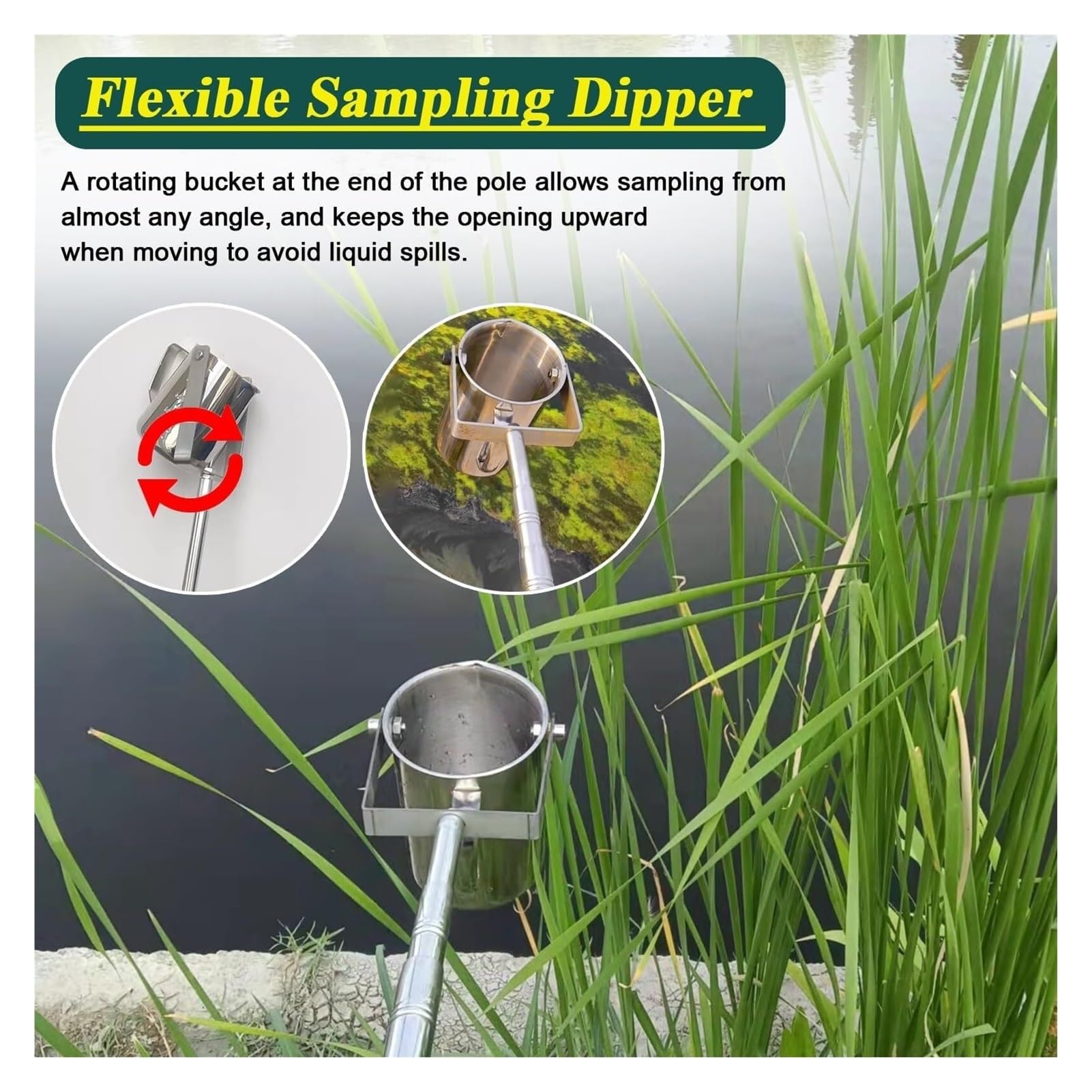 Préleveur d'Eau Télescopique 500ml/1000ml - Perche en Acier Inoxydable avec Cylindre Gradué et Godet Pivotant 180° pour Rivières, Étangs, Eaux Pluviales, Analyses Environnementales