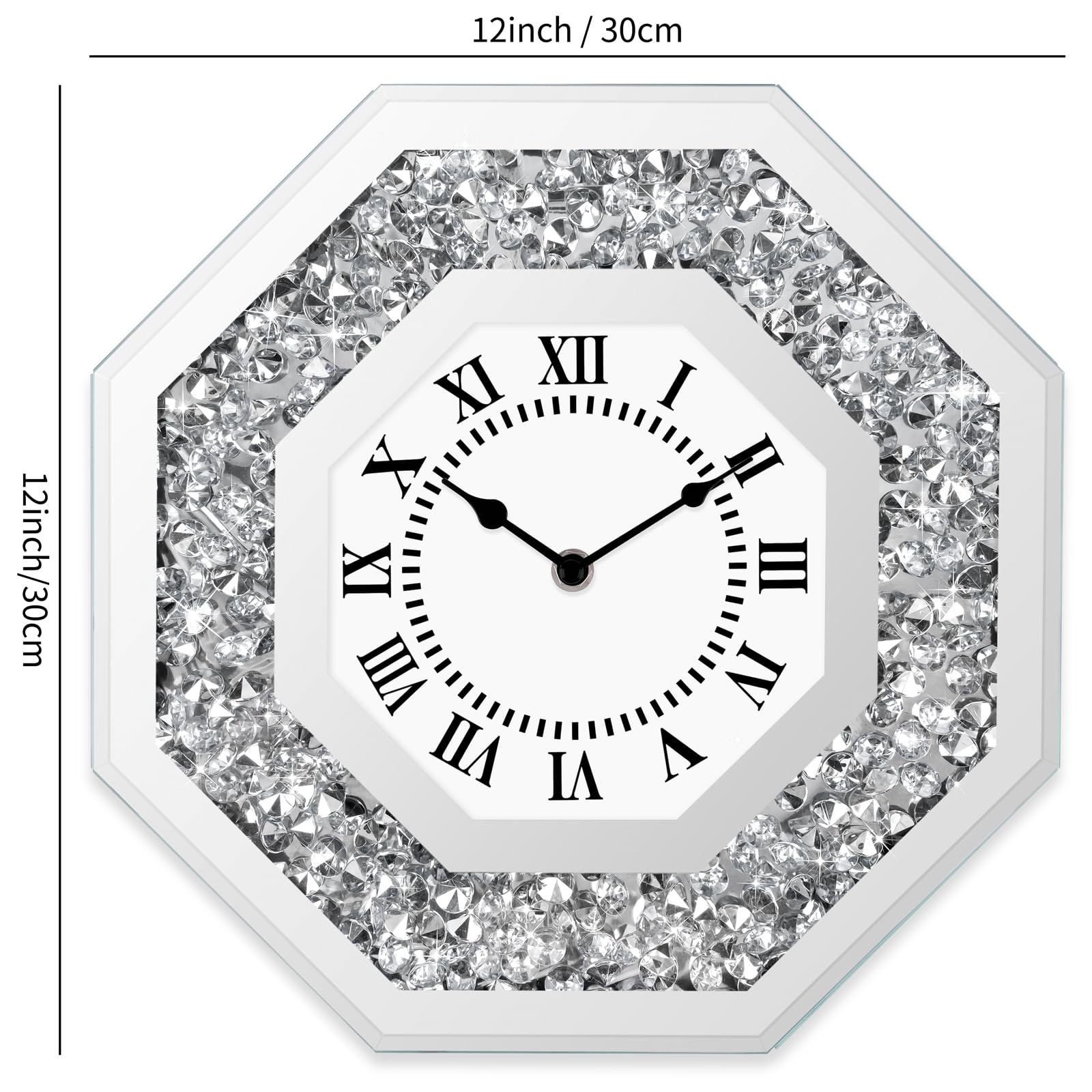 Orologi da parete Moderni per Soggiorno, Orologio da parete con Glitz senza Ticchettio Argento, Orologio da parete Diamante di Lusso Ottogonale da 30 cm, Orologio con Cristalli Glitz con Meccanismo al