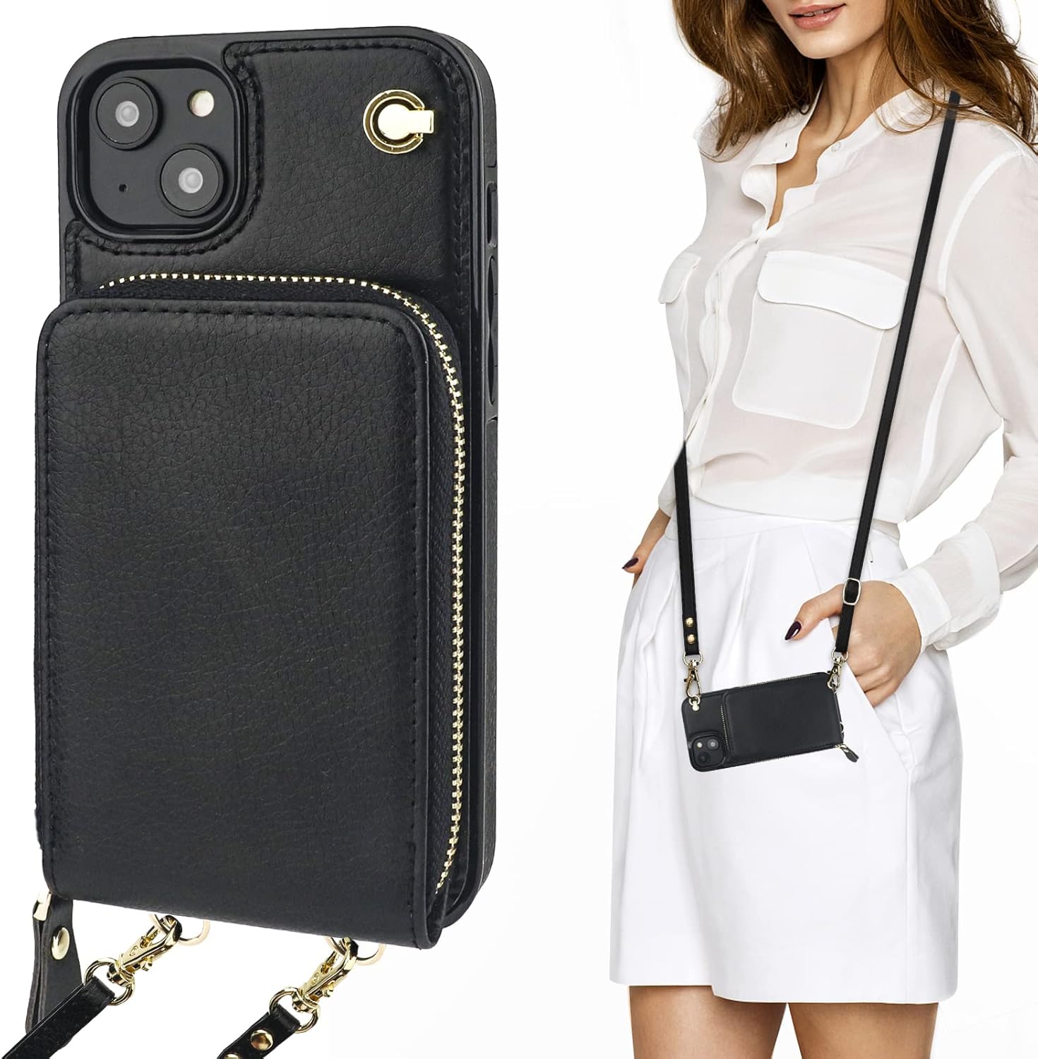 KIHUWEY Crossbody Wallet Case for iPhone 14 Plus, Zipper Pocket Case with Card Holder, PU Leather RFID Blocking Protective Cover Case with Kickstand Detachable Wrist Strap Lanyard 6.7" (Black)