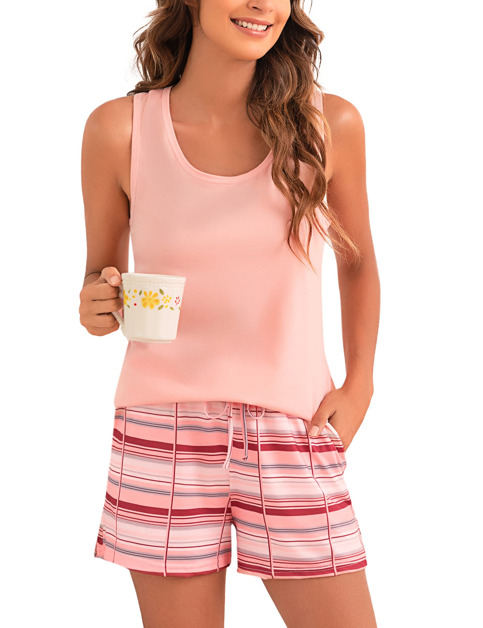 Bresdk Women's Pyjamas Sets Sleeveless Cotton Tank Top with Shorts Cami Sets SleepwearShor...