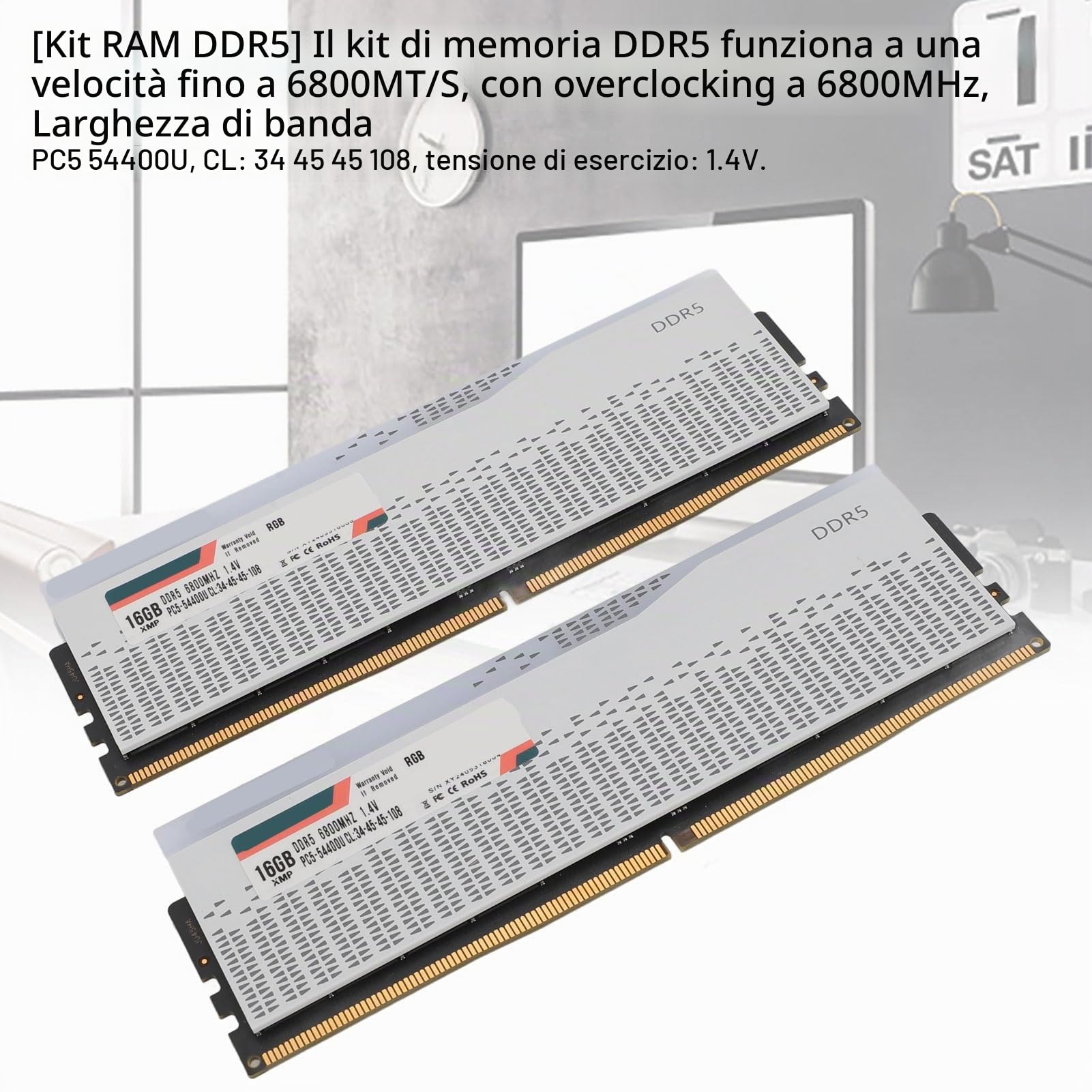 RAM DDR5, 32 GB 2x16 GB 6800 MHz PC5 54400U CL34 45 45 108 Kit di Memoria RGB, XMP3.0 EXPO Overclocking ECC Correzione Errori, per Computer Desktop