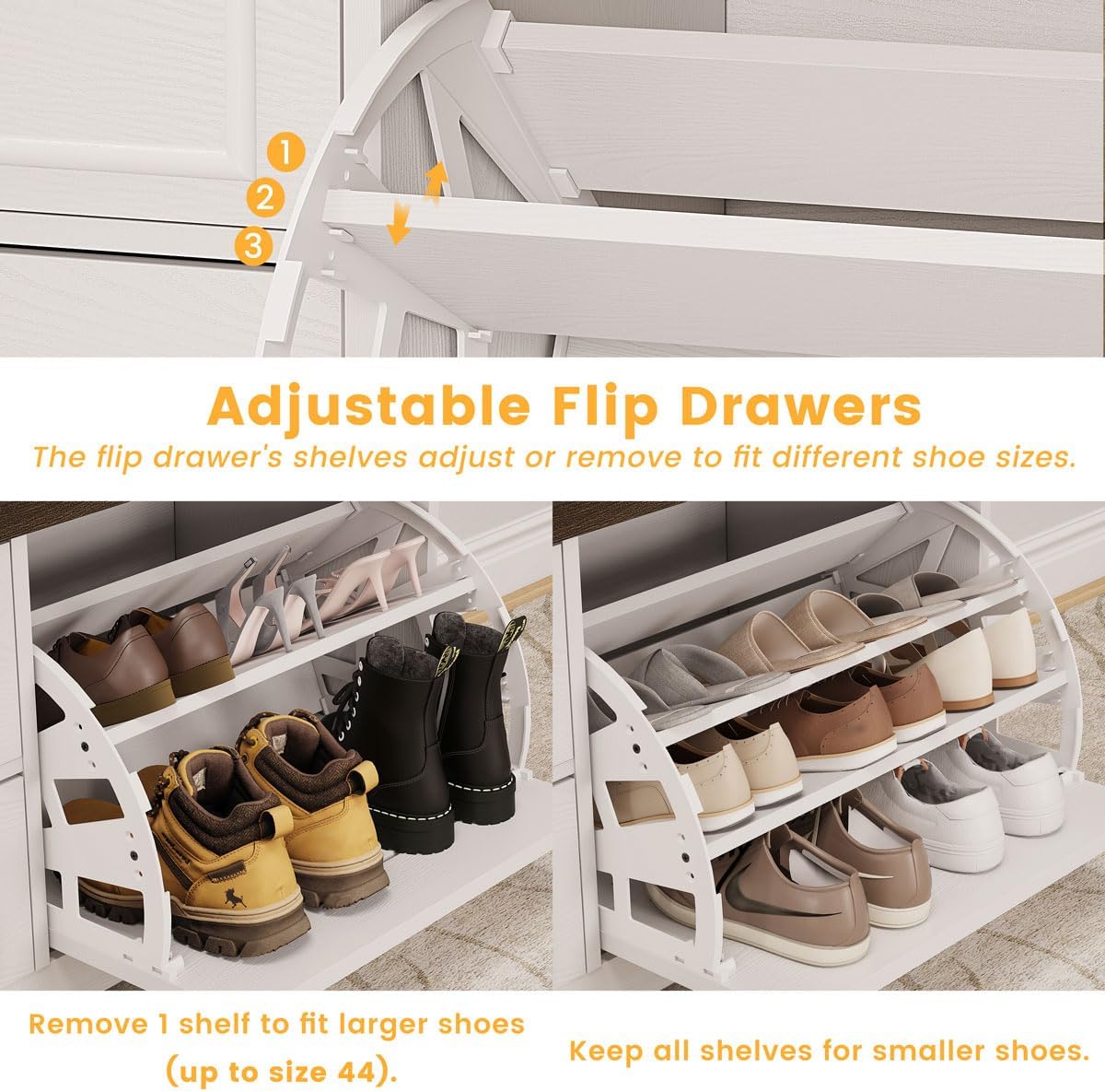 FATORRI Shoe Storage Bench with Flip Drawer, Wooden Entryway Bench, Modern Shoe Cabinet with Removable Drawers for Hallway, Living Room (Walnut Brown & White Oak)