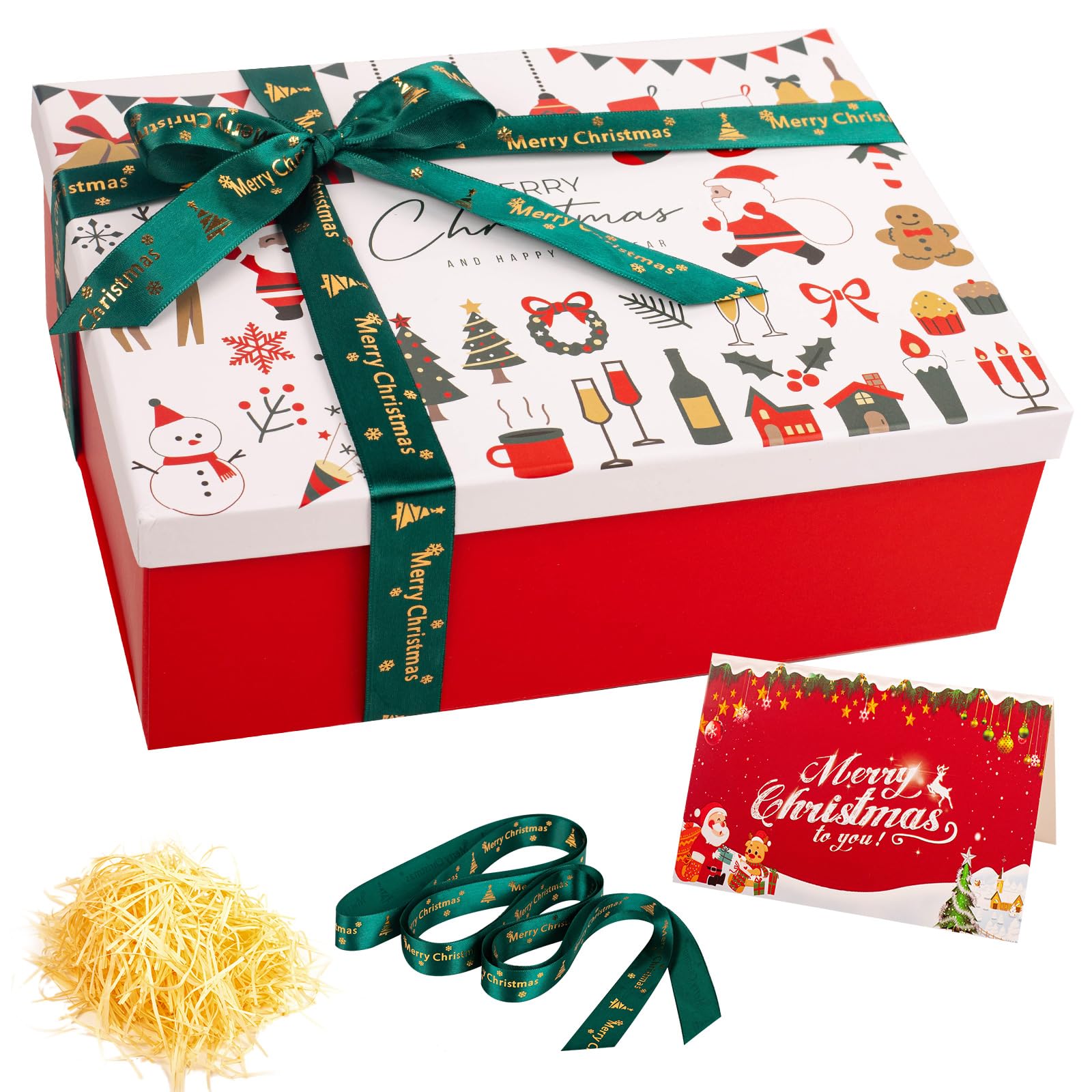 Red Christmas Boxes for Gift Medium/Large Christmas Eve Box 29x21x10cm Thick Luxury Xmas Gift Boxes for Presents with Lids Ribbon Card, Foldable Xmas Eve Box for Gifts Kids Adults