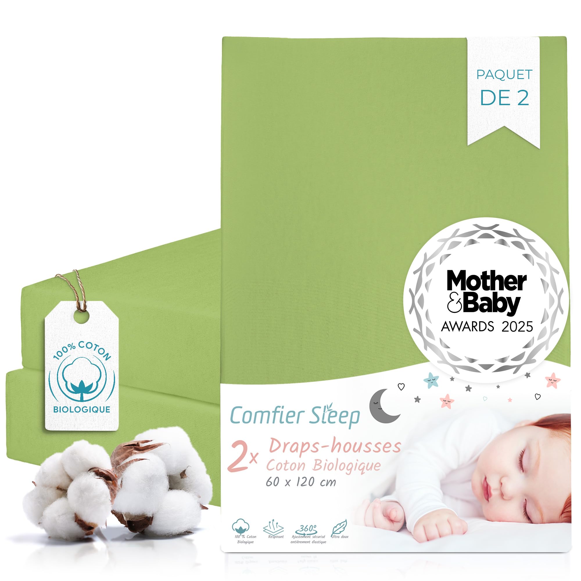 Drap housse bébé 60x120 en pur coton bio vert premium respirant lot de 2