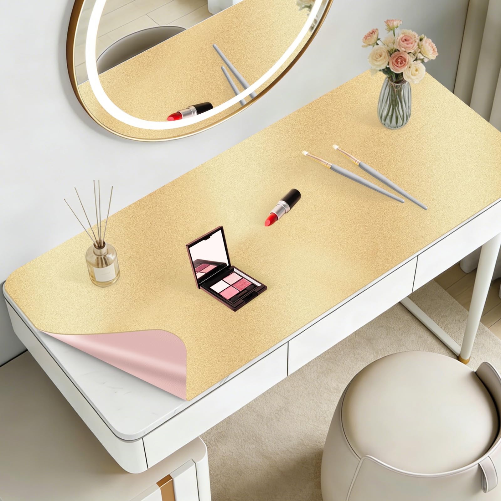 Dressing Table Mat 80x40cm, Leather Make Up Mat for Dressing Table, Dual-Sided and Easy to Clean Gold Desk Pad, Waterproof and Oilproof Vanity Accessories (Gold and Pink)