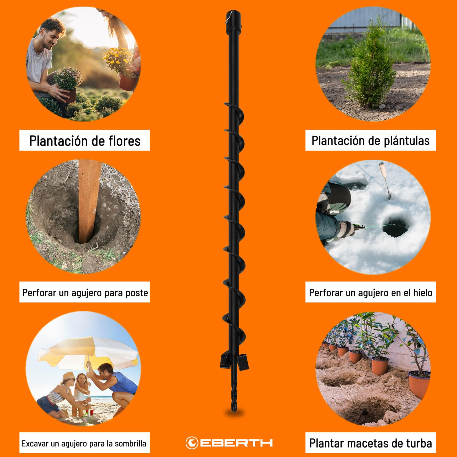 EBERTH Sinfín de Jardín de Acero para Ahoyadora, Compactadora de Tierra y Plantador Manual de Hortalizas, Diámetro 40 mm, Longitud 800 mm, Diámetro de Montaje 20 mm, Con Filo de Corte de 45°