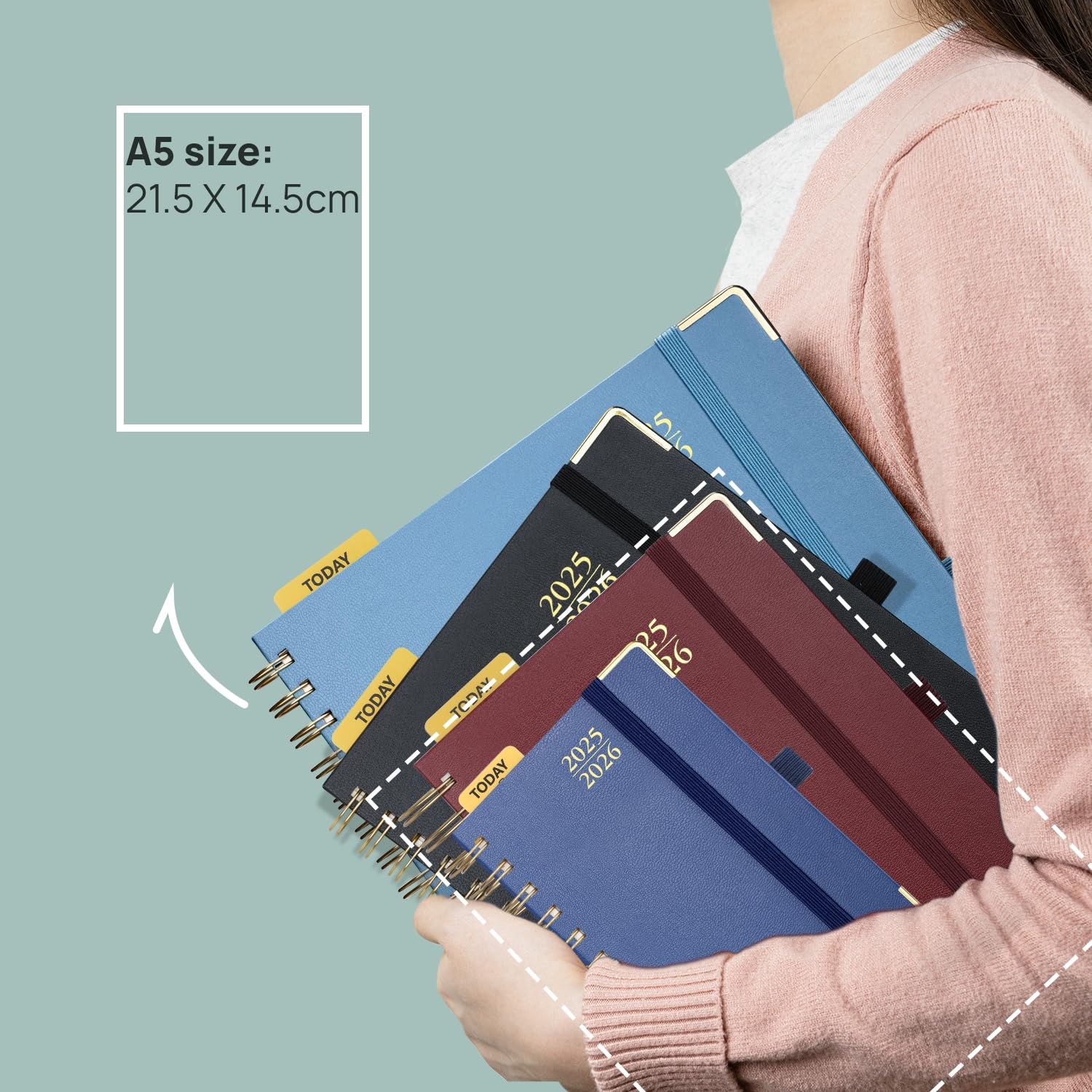 POPRUN Calendar 2026 Daily Planner 21.5 X 14.5 Cm, Daily Calendar A5 1 Day 1 Page (Monday - Sunday), Diary (Jan.2026-Dec.2026) Ring Binder With Hard Cover, Plastic Ruler - Pacific Green