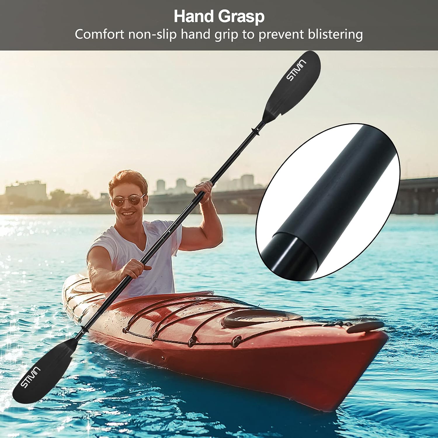 STIVIN 4 Piece Kayak Paddle with Leash 91.7inch 233cm Aluminum Alloy Shaft PP Blade Non-Slip Hand Grip Adjustable Angle Drip Rings Floating Oars Paddles for Kayaking Fishing Canoeing Touring(Black) : Sports & Outdoors