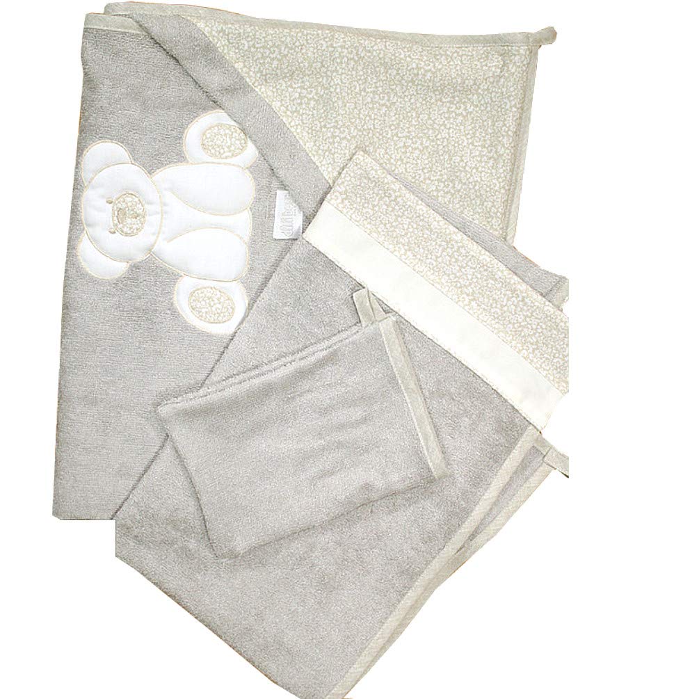 Dilibest by Picci Baby-Bade-Set Kapuzenbadetuch, Badetuch und Waschlappen Mousse cream, Grau-Creme