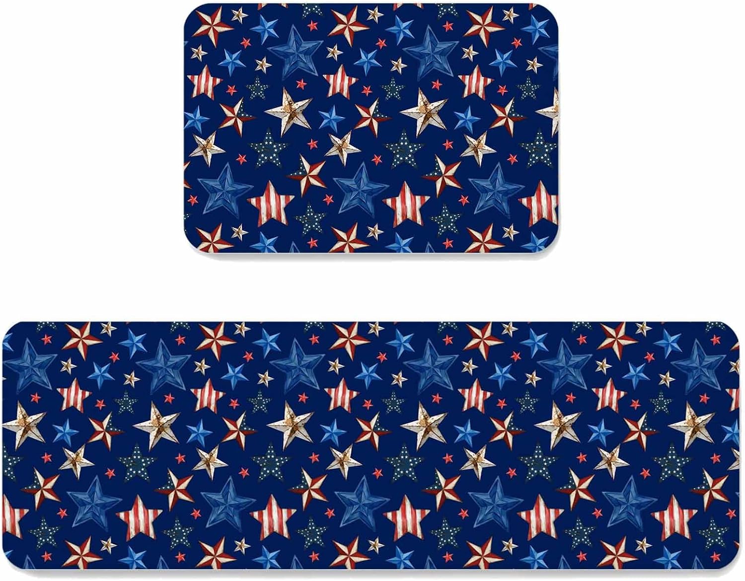 Prime Leader 4th of July Kitchen Mat Set 2 Pieces Mottled USA Flag Striped Stars Memorial Day Navy Blue Non Slip Kitchen Rugs Washable Runner Rug Mats for Sink Laundry (19.7" x 31.5"+19.7" x 63")