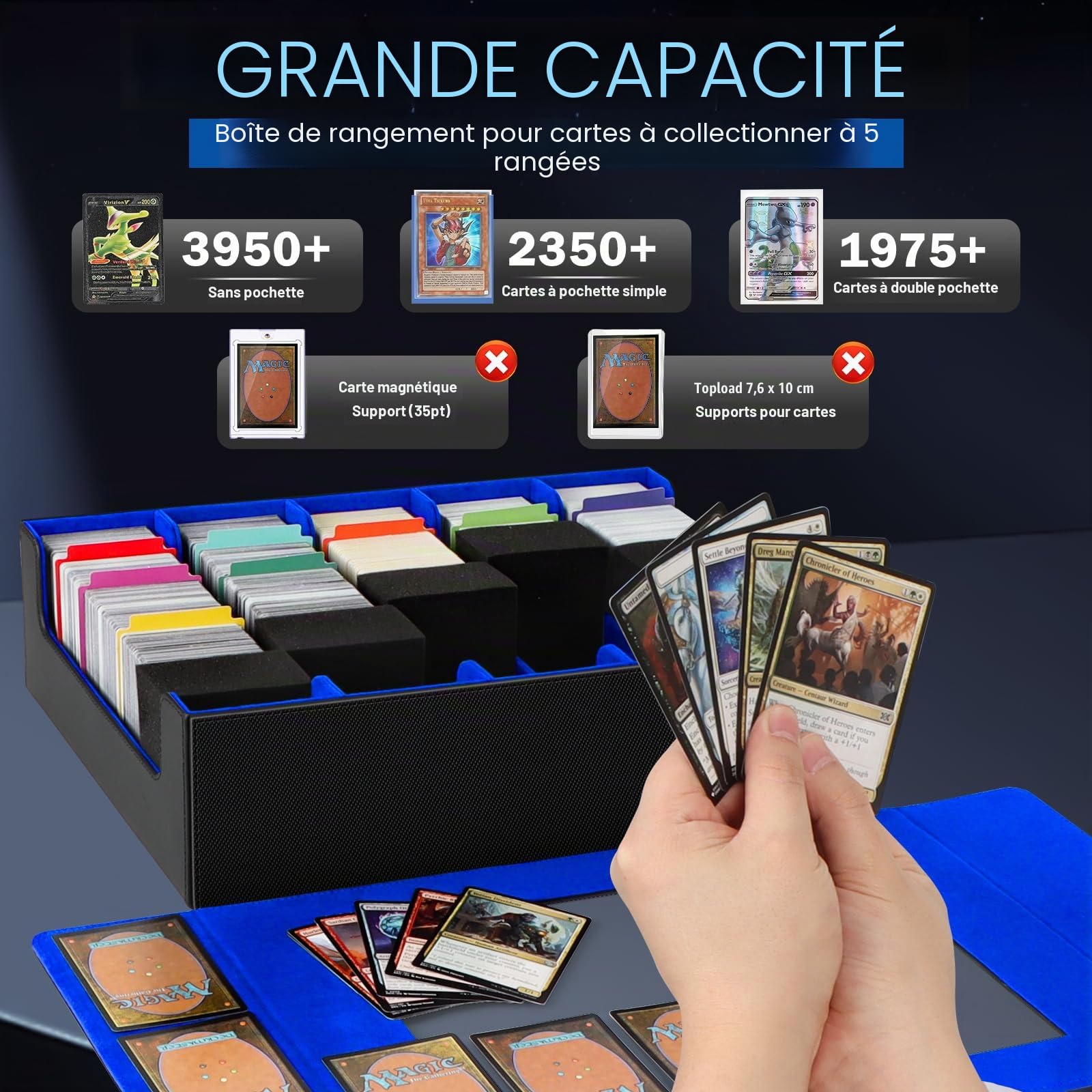 AOBOPLE Boîte de 5 Rangées Rangement de Cartes Pour 3900+ Cartes, Avec 48 Intercalaires et 5 Supports en Mousse, Boîte Rangement Carte Magnétiques de Qualité Supérieure,Rangement Cartes de Sport(Bleu)