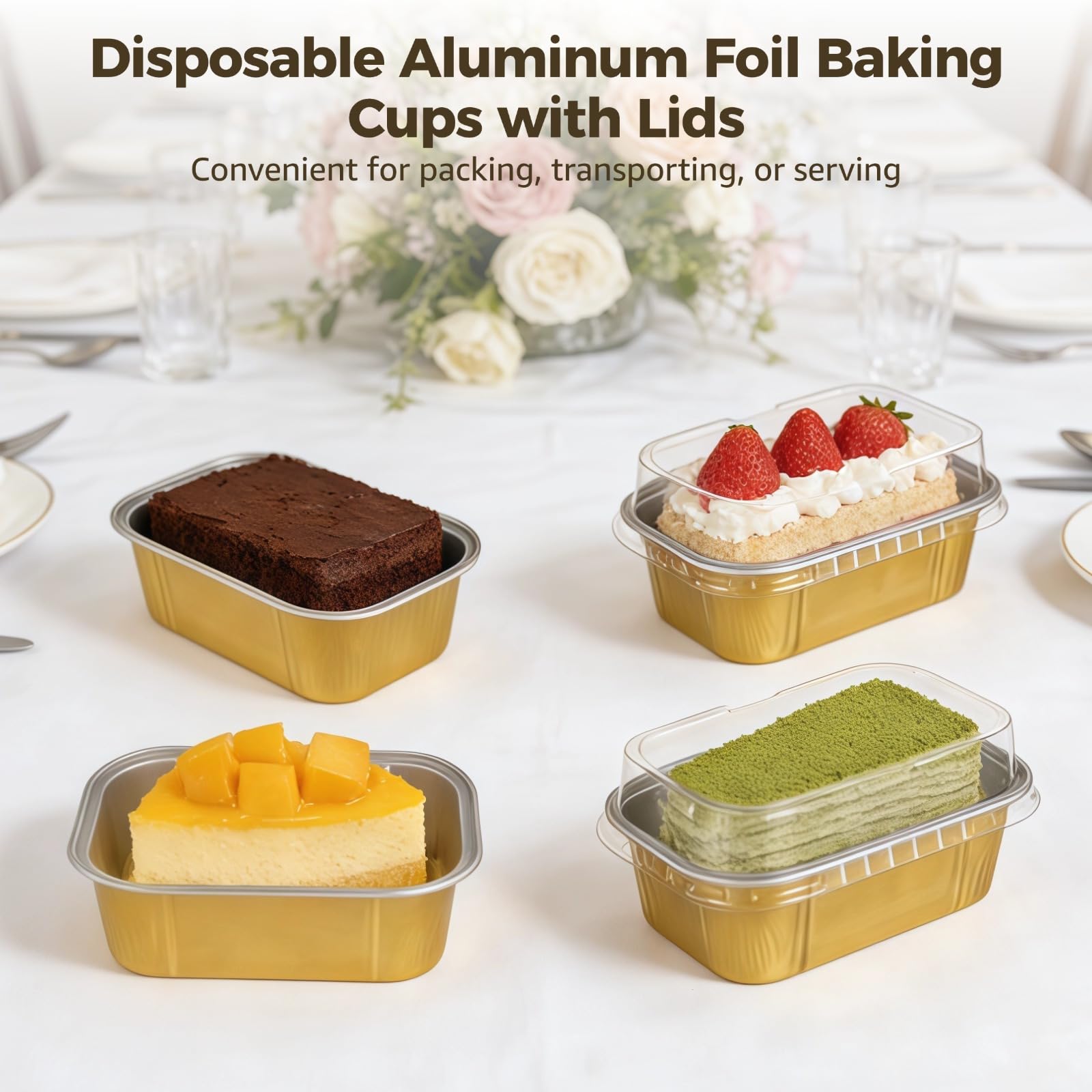 Lot de 100 moules à gâteau jetables en aluminium avec couvercles, 161,6 g, mini moules à pain rectangulaires dorés, récipients individuels en étain pour la cuisson, le rôtissage, le stockage