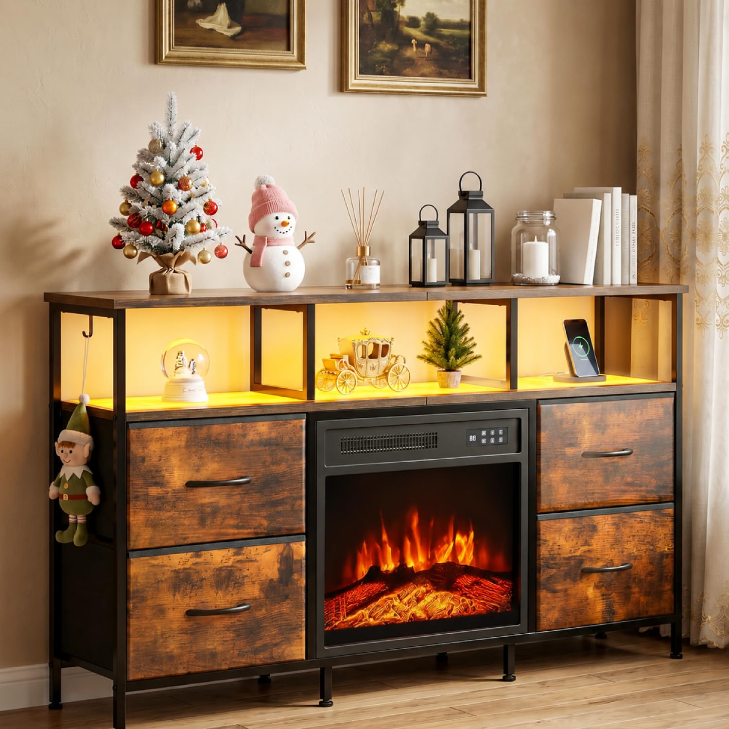 Waleaf TV Schrank, TV Lowboard mit 18 Zoll Elektrokamin, 3D Flammeneffekt & Heizung, LED Beleuchtung, 4 Stoffschubladen, Steckdosen & USB Buchse, Fernsehtisch für Fernseher bis zu 55 Zoll, Wohnzimmer