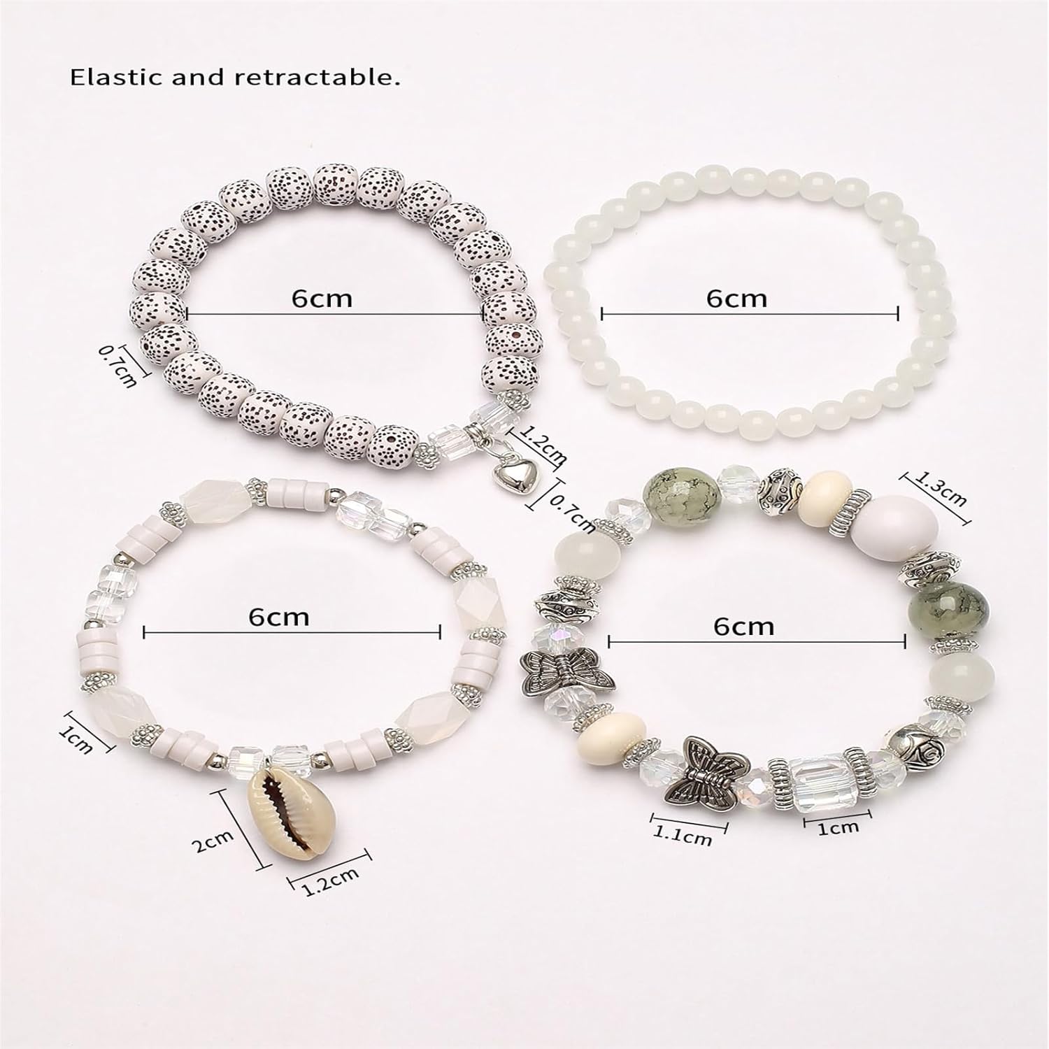 4Pcs Set Bohemian Shell Butterfly Heart Crystal Stone Stretch Pendant Bracelets for Women Beaded Stackable Stretch Bracelet Colorful Charm Jewelry Boho Summer Beach - Image 2