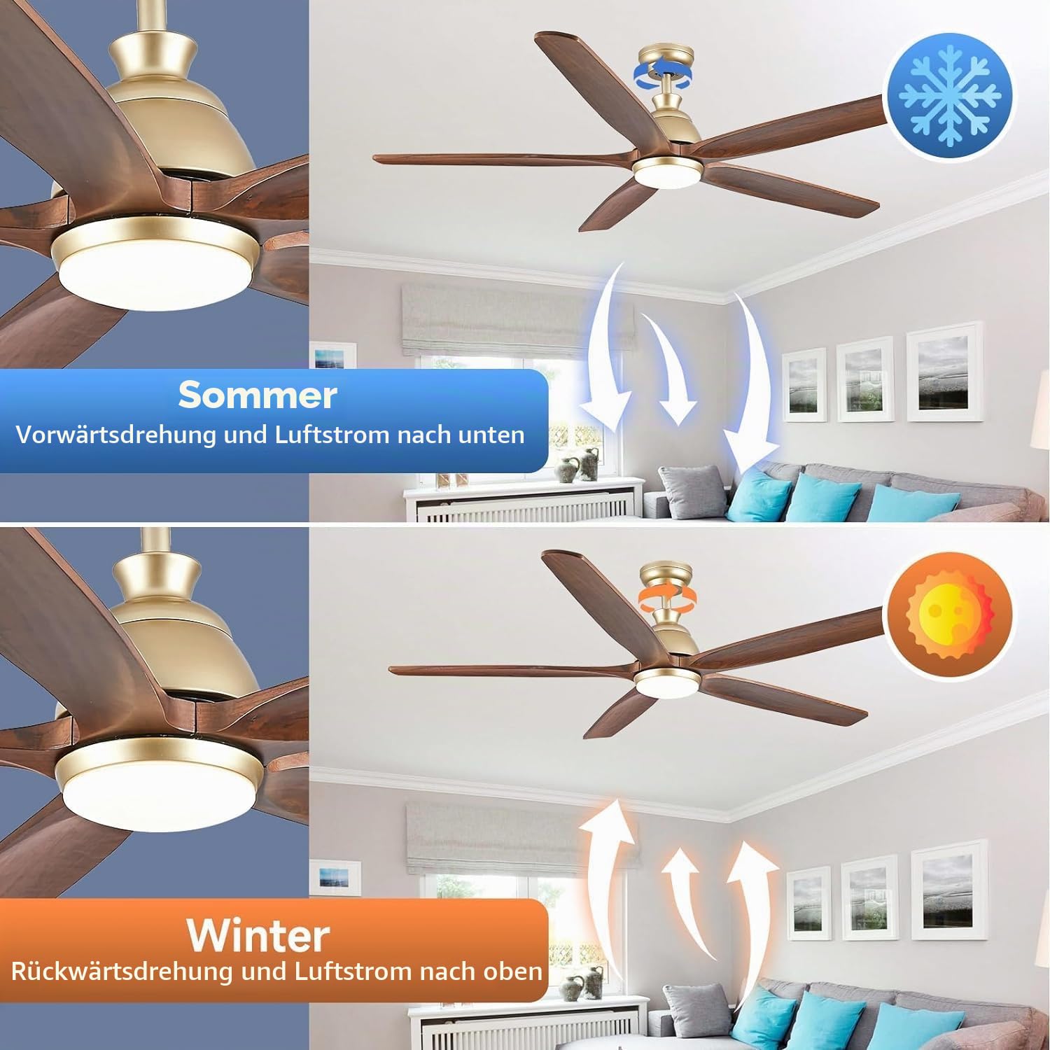 132cm-Deckenventilator mit Lichtern, Flügel aus massivem Holz, moderner goldener Deckenventilator, feuchtigkeitsgeschützter Deckenventilator für Terrassen, leiser DC-Motor, Gold + Walnuss