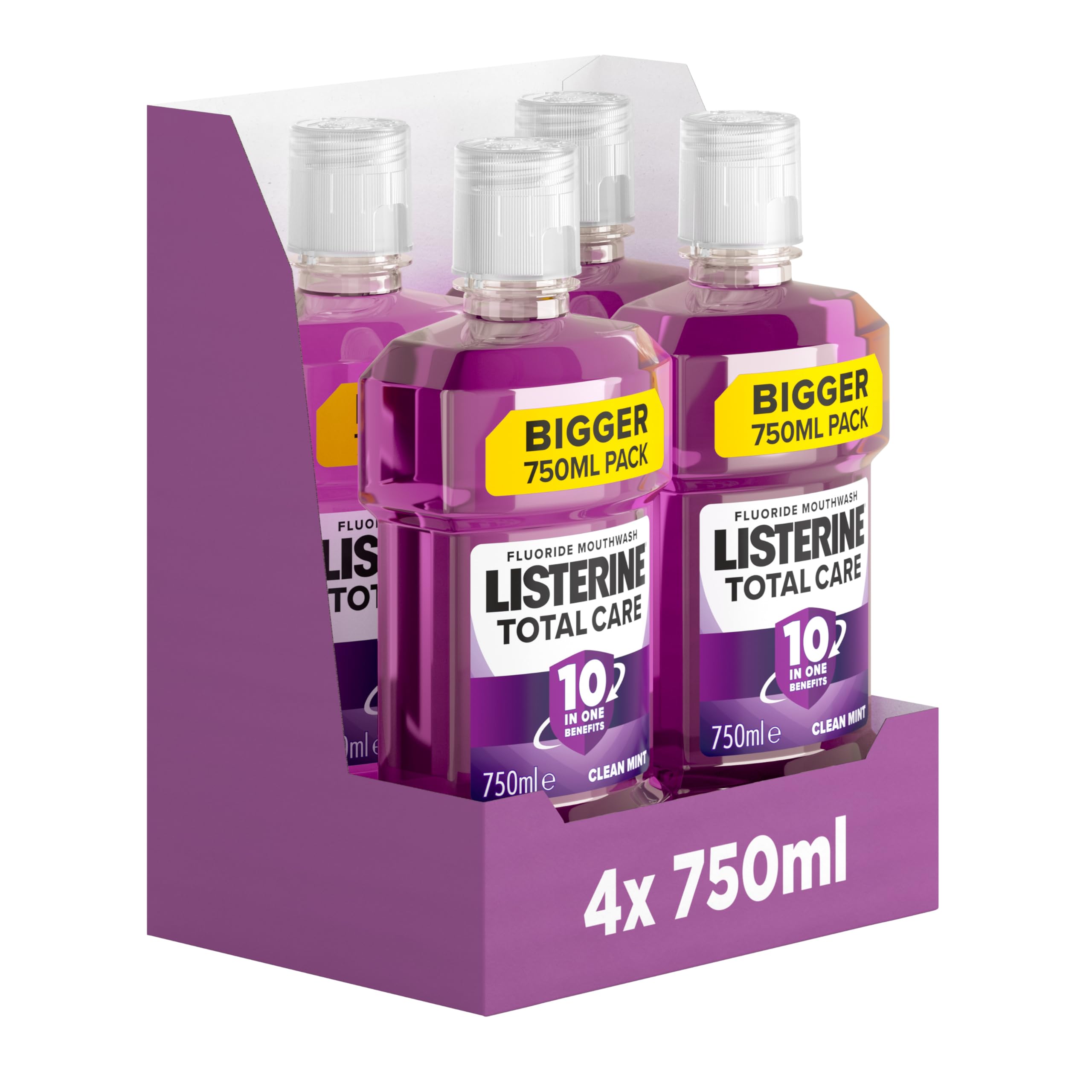 Listerine Total Care Antibacterial Mouthwash (750ml), Caring and Cleansing Wash with 10-in-1 Benefits, Clean Mint-Flavoured to Freshen Breath x 4