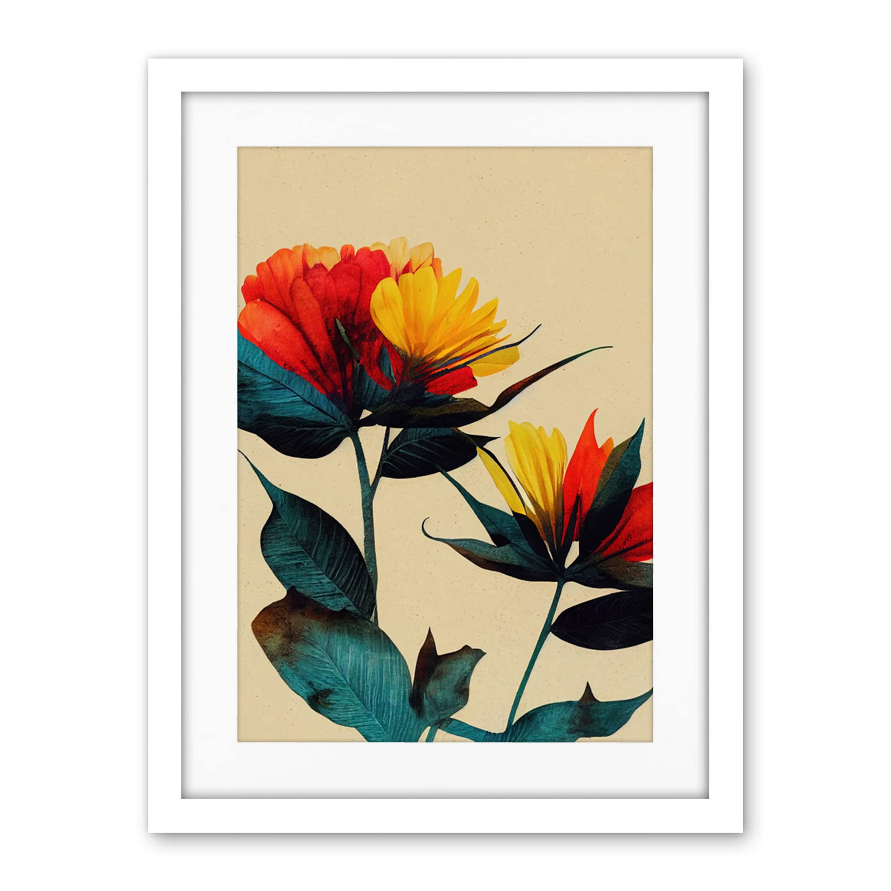 Wee Blue Coo Botanical Bold Flowering Yellow Red Teal Artwork Framed Wall Art Print 18X24 Inch