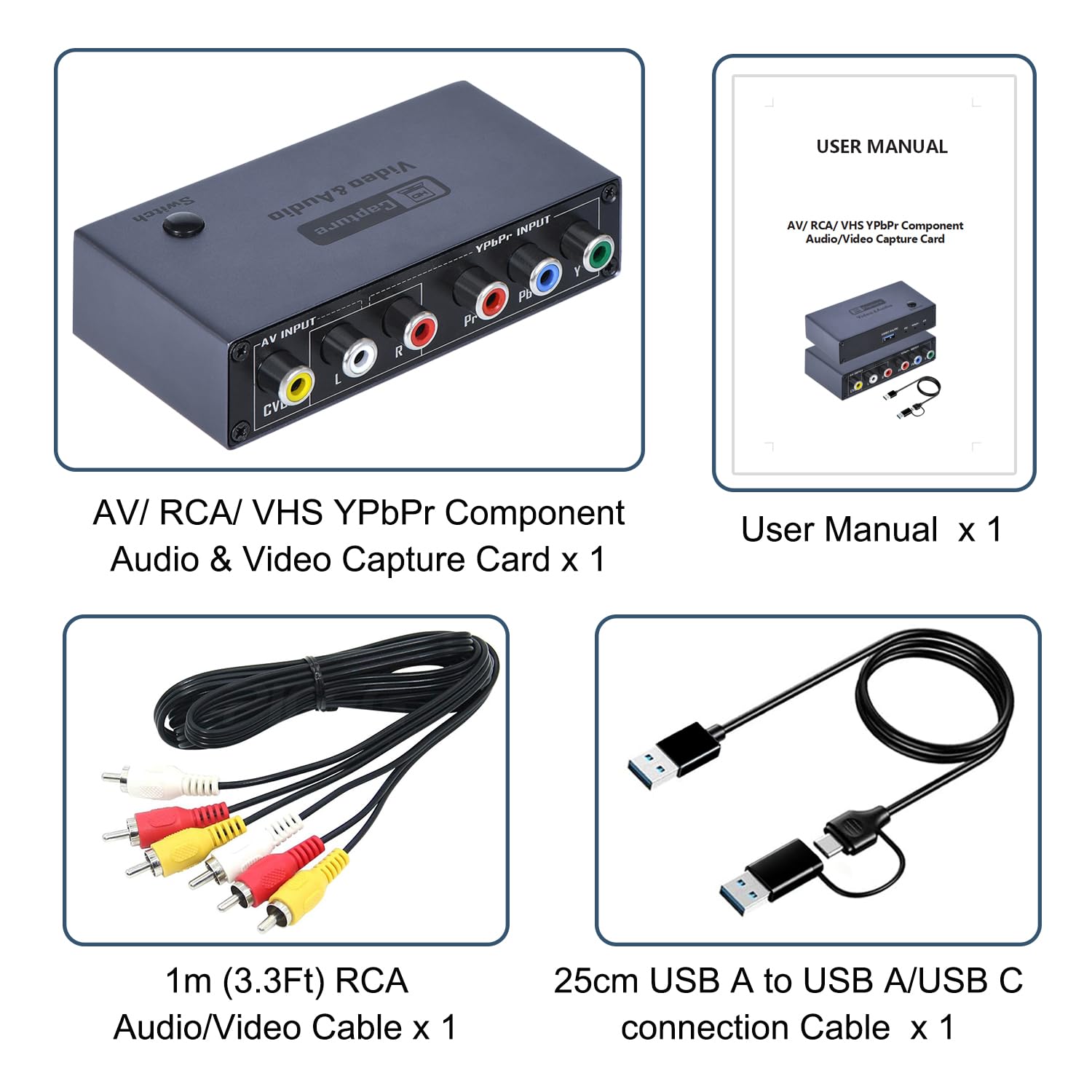 2026 aggiornato VHS RCA YPbPr a convertitore digitale, 1080P 60Hz Component Composite Audio Video a USB Scheda di acquisizione video per VHS VCR DVD PS2 Wii N64, compatibile con Windows, Mac, Linux