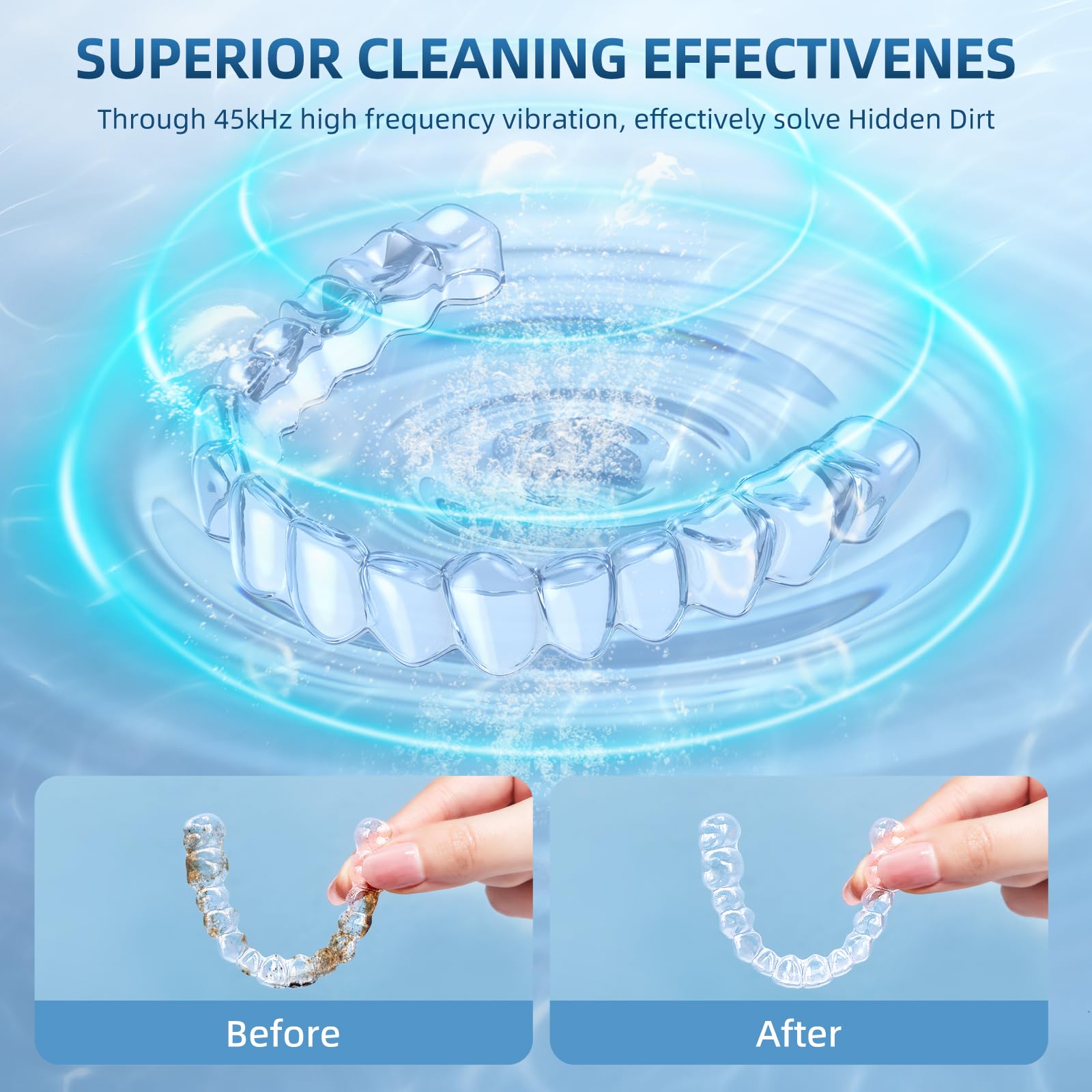 Ultrasonic Retainer Cleaner Machine, Upgraded 45kHz Ultrasonic Cleaner for Mouth Guard Braces, Night Guards, Toothbrush Heads & Jewlery with 200ML, 4 Modes and Digital Timer Dental Cleaning Pod（Blue） - 3