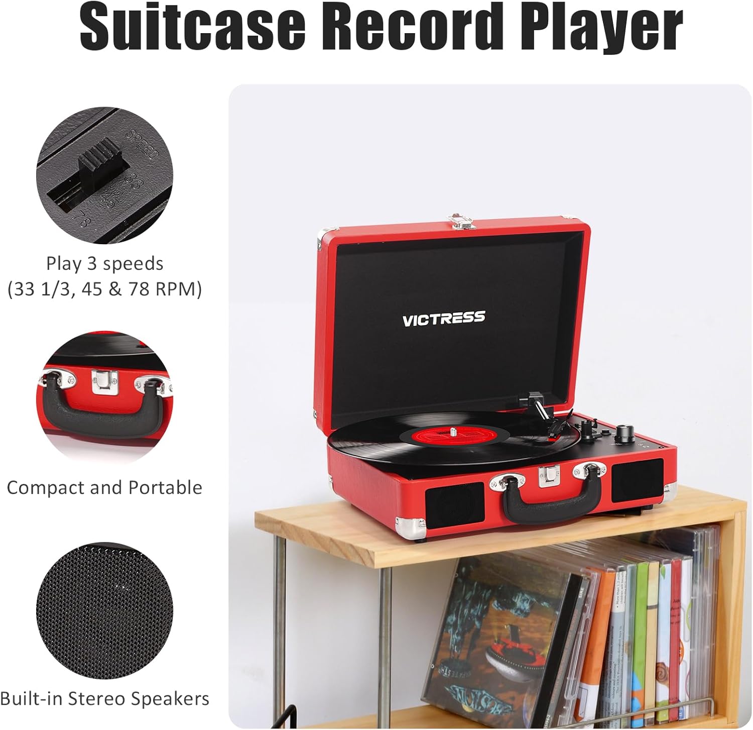 Vinyl Record Player, Portable Suitcase Turntable with PC Recording & Bluetooth Input/Output, 3-Speed LP Player, Built-in Stereo Speakers, RCA, AUX, Headphone Jack, Red