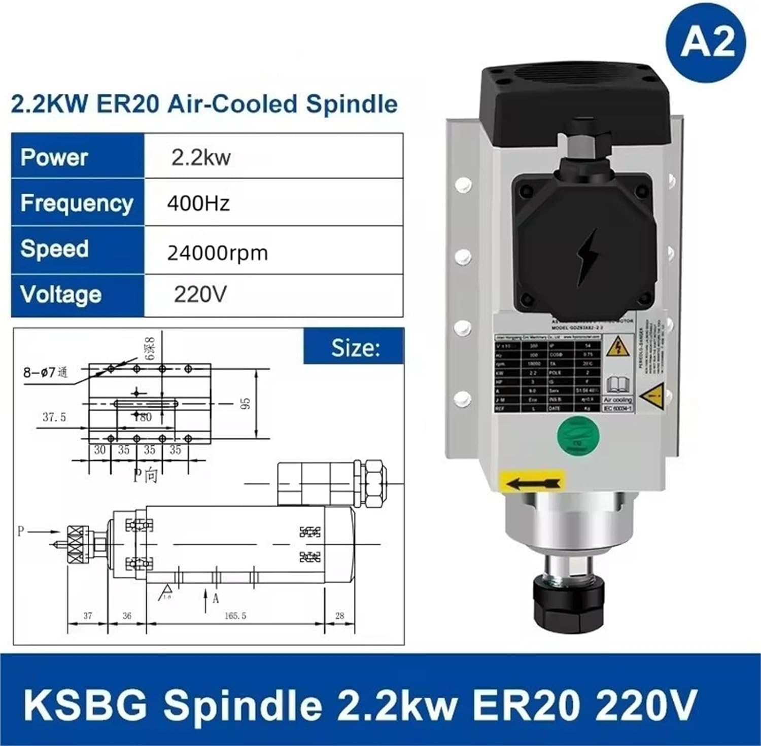 Computerized Numerical Control 2.2KW ER20 3.5KW ER20 ER25 220V 380V Air Cooled Cooling Motor for Woodworking Router Milling Machine(2.2KW ER20,220V)