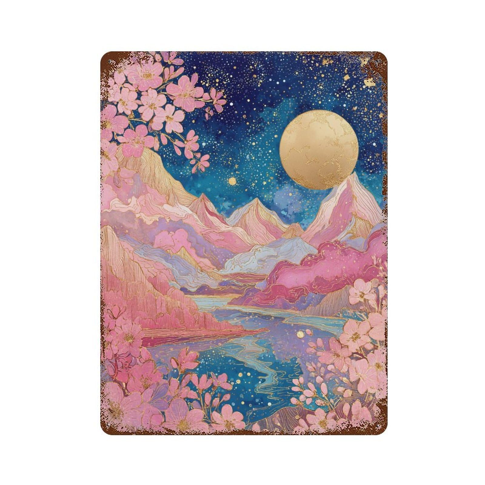 Weathered Tin Sign with Cherry Blossom Moonlit Landscape -3 Design 15.7"x11.8", for Office, Studio And Wall Decor, Retro Wall Decor