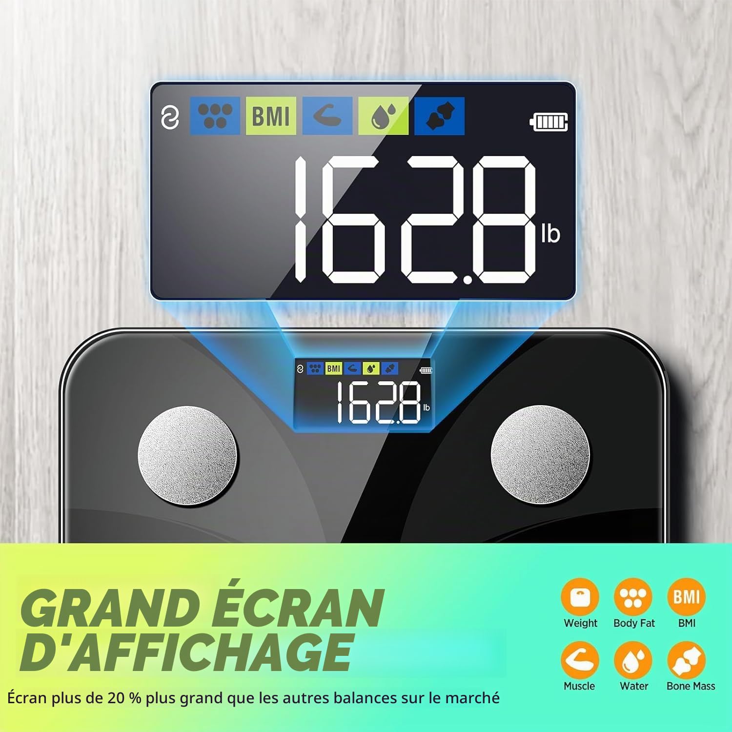 RunSTAR Balance Pese Personne Pour Poids et Masse Grasse, Haute Précision avec Grand Écran, Balance Connectée avec APP 13 Données Corporelles Poids, Max 180kg/ 400lb, Noir