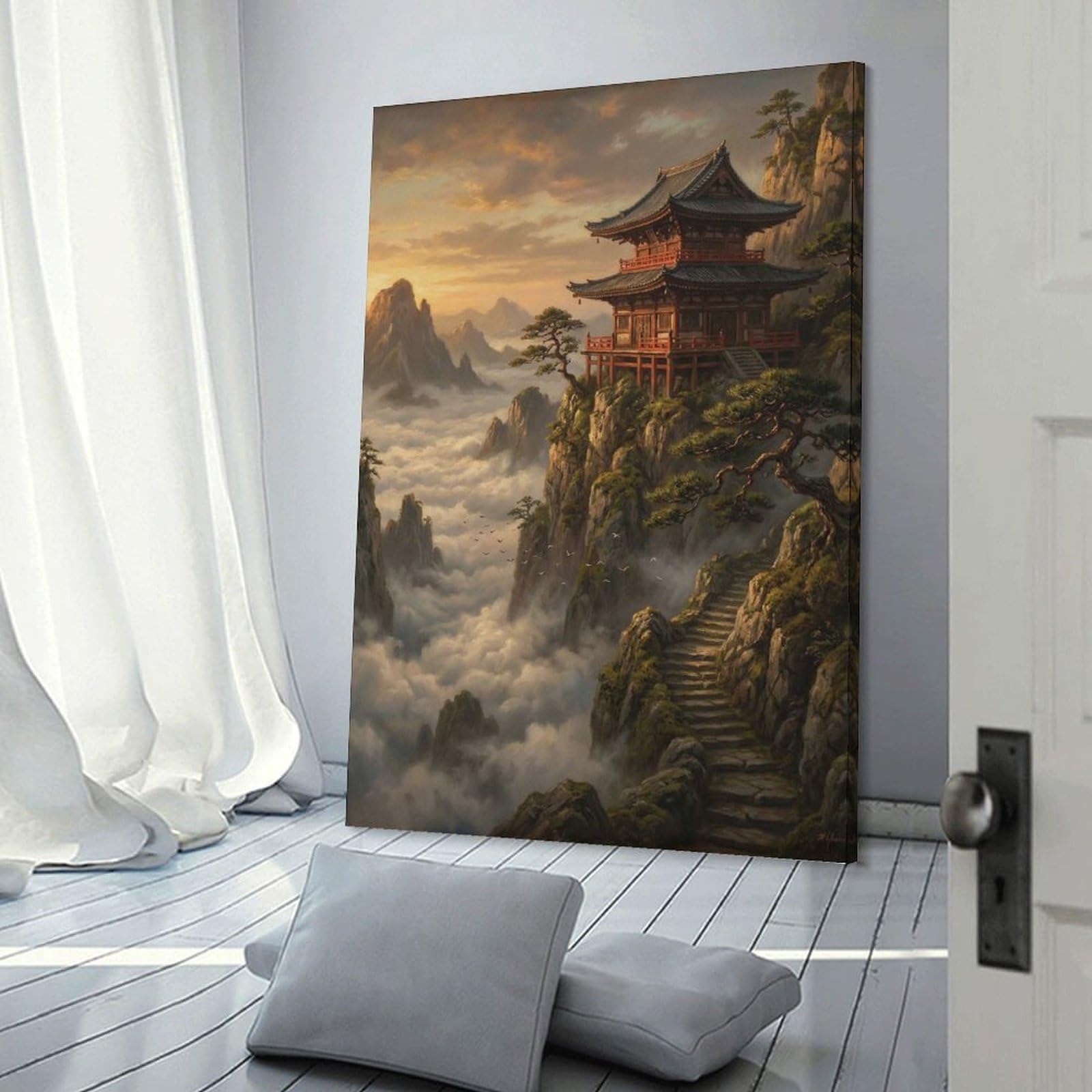 Junmoney Frame-Style Serene Mountain Temple At Sunrise Wall Art Print, 20X30inch(50X75cm), For Living Room, Bedroom, Office Or Hallway, A Flexible Wall Accent For Shared Spaces