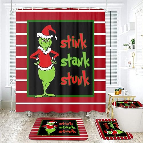 Miniatura 7 de WRUJOJU Juego de 4 cortinas de ducha navideñas con alfombras, cubierta de tapa de inodoro y tapete de baño, cortinas de ducha de Navidad con 12
