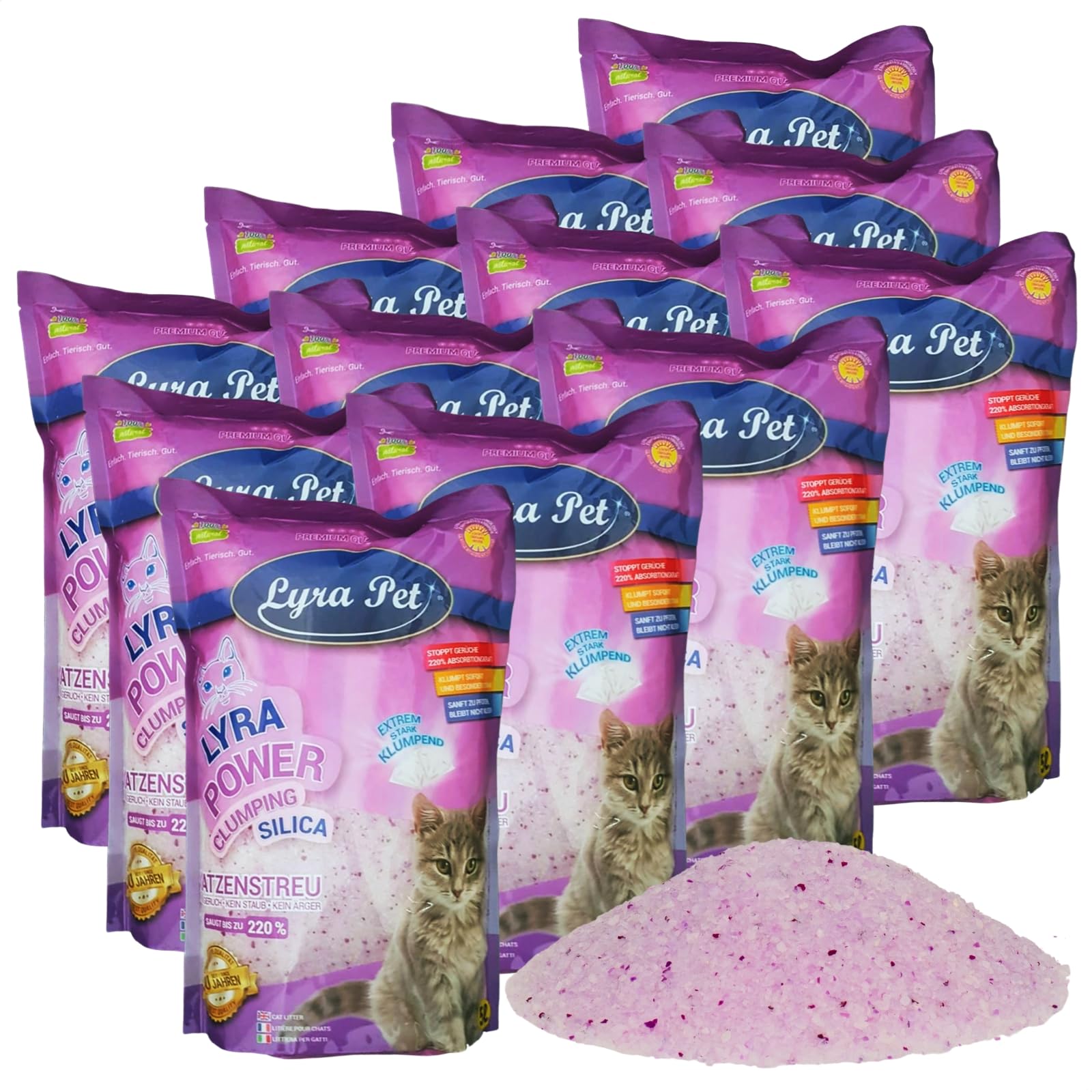 Lyra Pet® | 12 x 5 litres Litière pour Chat Lyra Power Clumping Silica en Silicate | Fortement Agglomérante | Neutralise Odeurs | sans Poussière | Absorption Efficace | À Remplir au Lieu de Remplacer