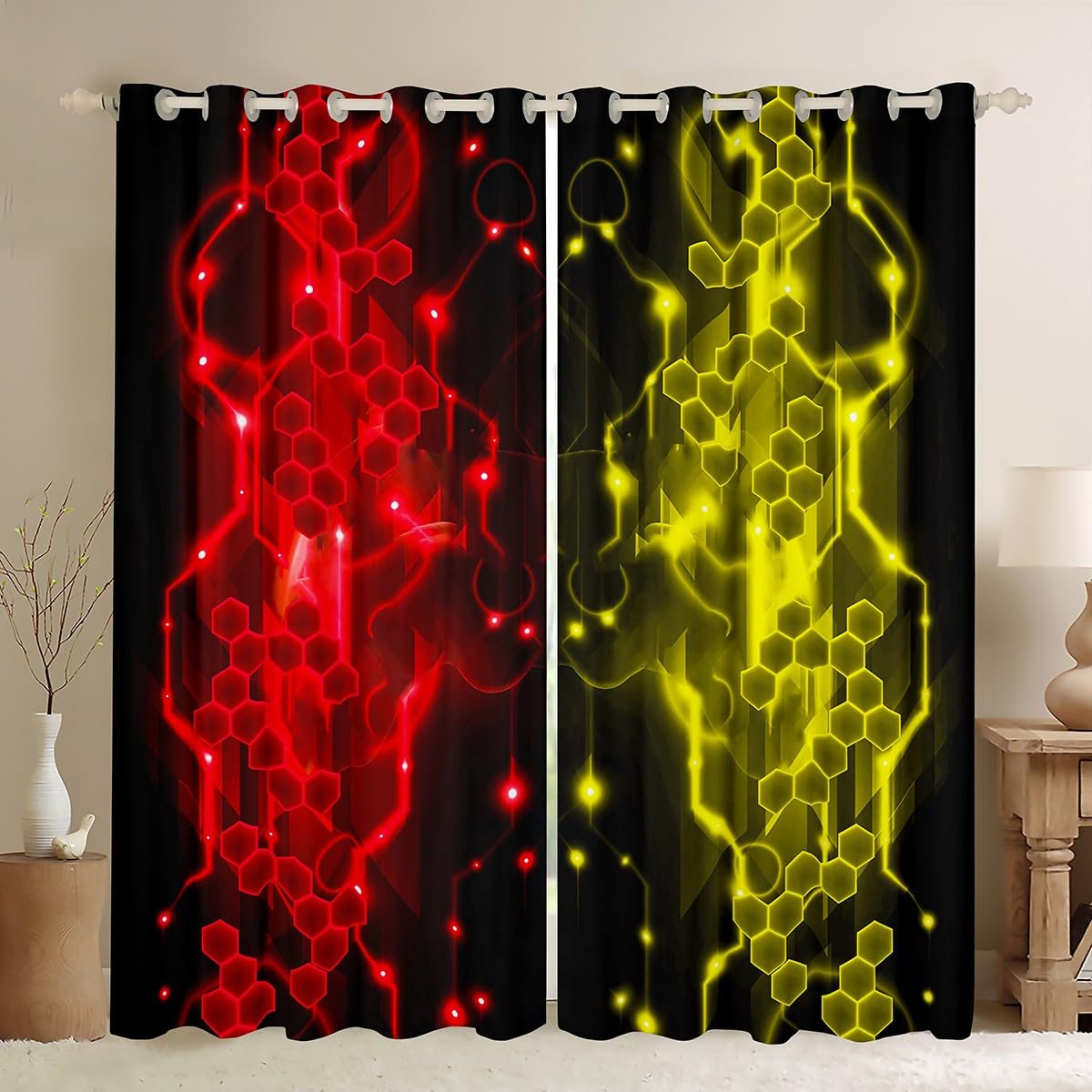 Kids Red and Yellow Curtains Honeycomb Darkening Drapes W46*L72 Boys Modern Hexagon 30%-50% Blackout Curtains Geometrical Beehive Geometric Window Treatments โ image 1