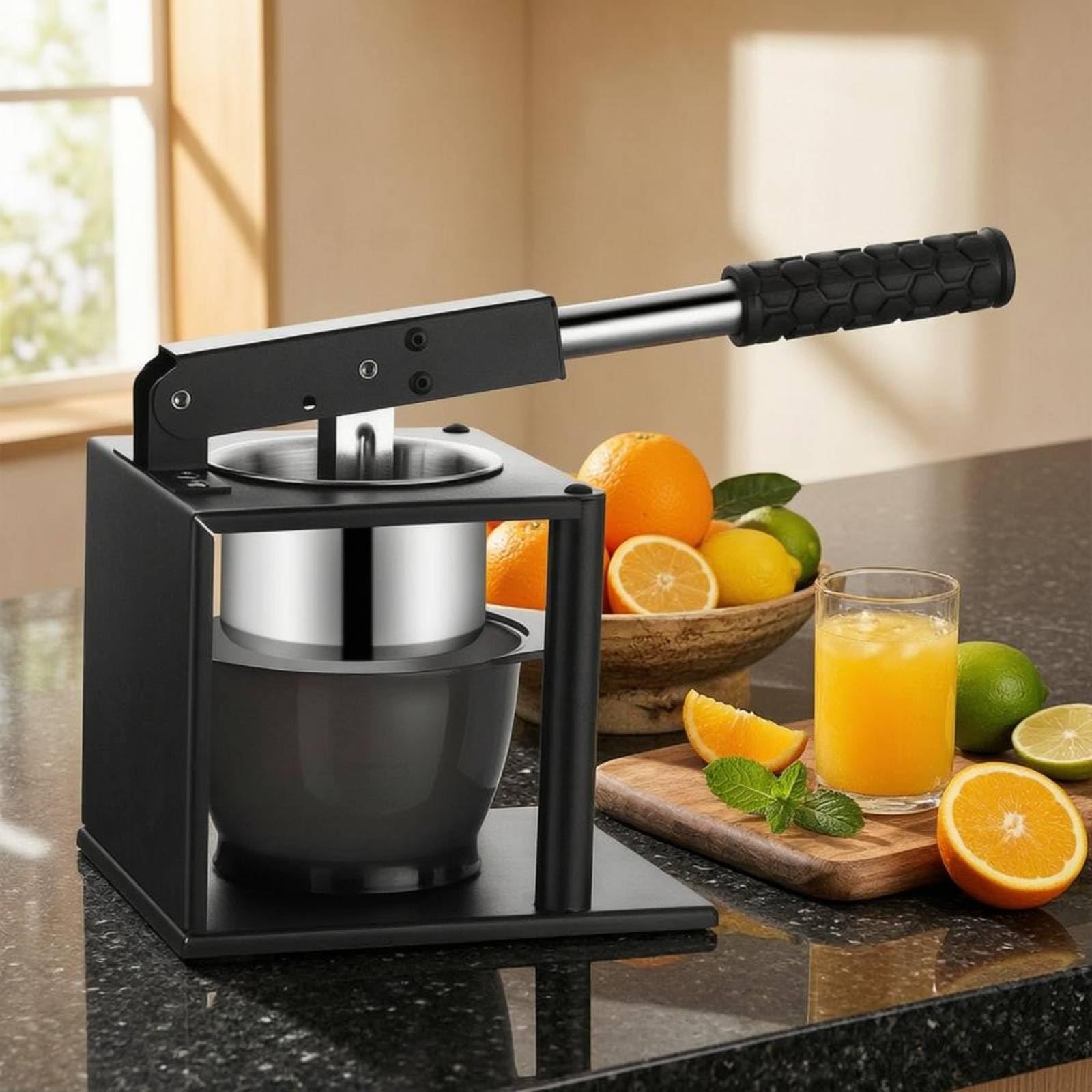 Amagogo Manuel Extracteur Jus Citron Presse Fruit Inoxydable Levier Mécanique Structure Ouverte Socle pour Bol Compact 18x16x18cm Adapté à Comptoir Cuisine Petit Restaurant Food Truck