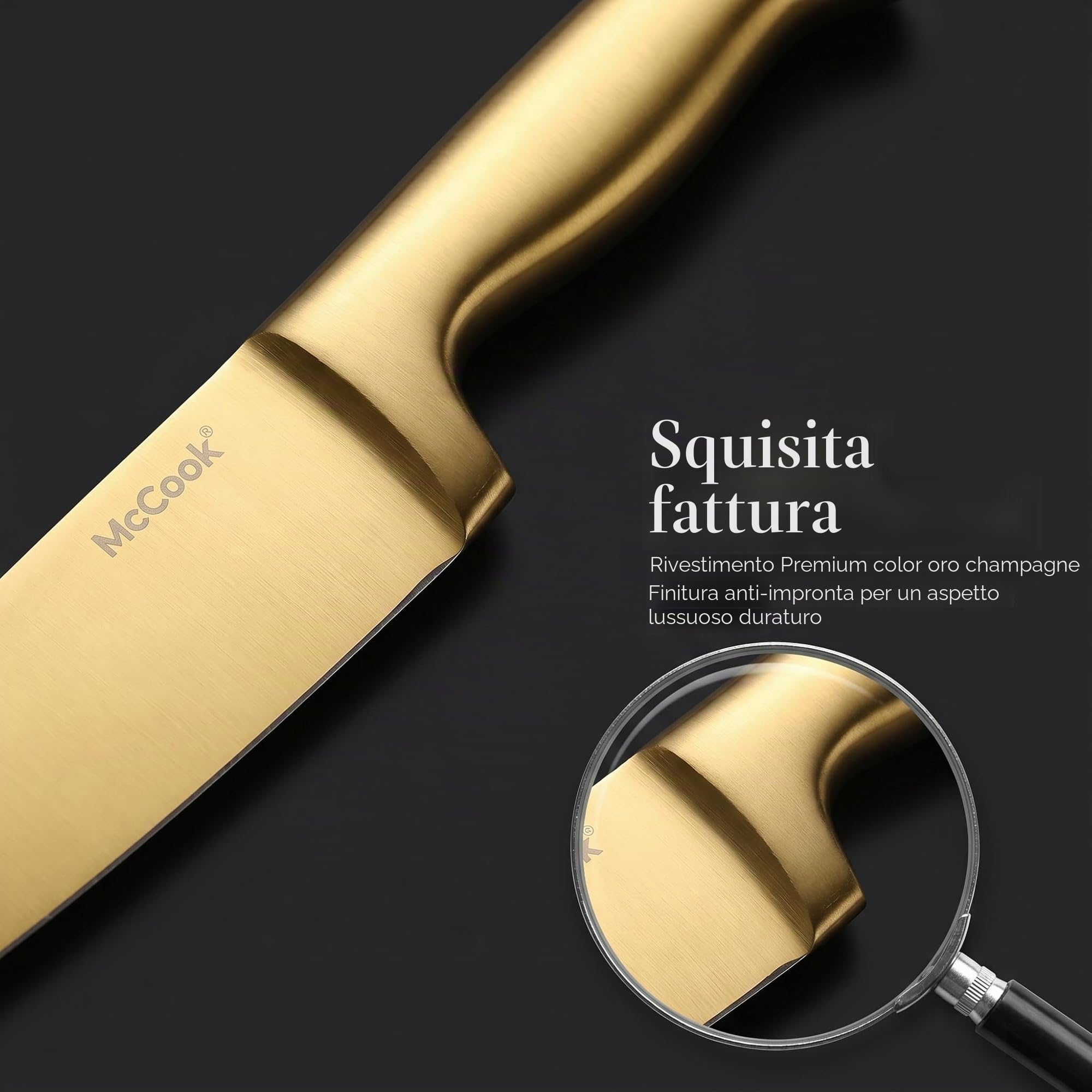 McCook® Set di coltelli da cucina in acciaio inossidabile al titanio dorato con affilacoltelli integrato