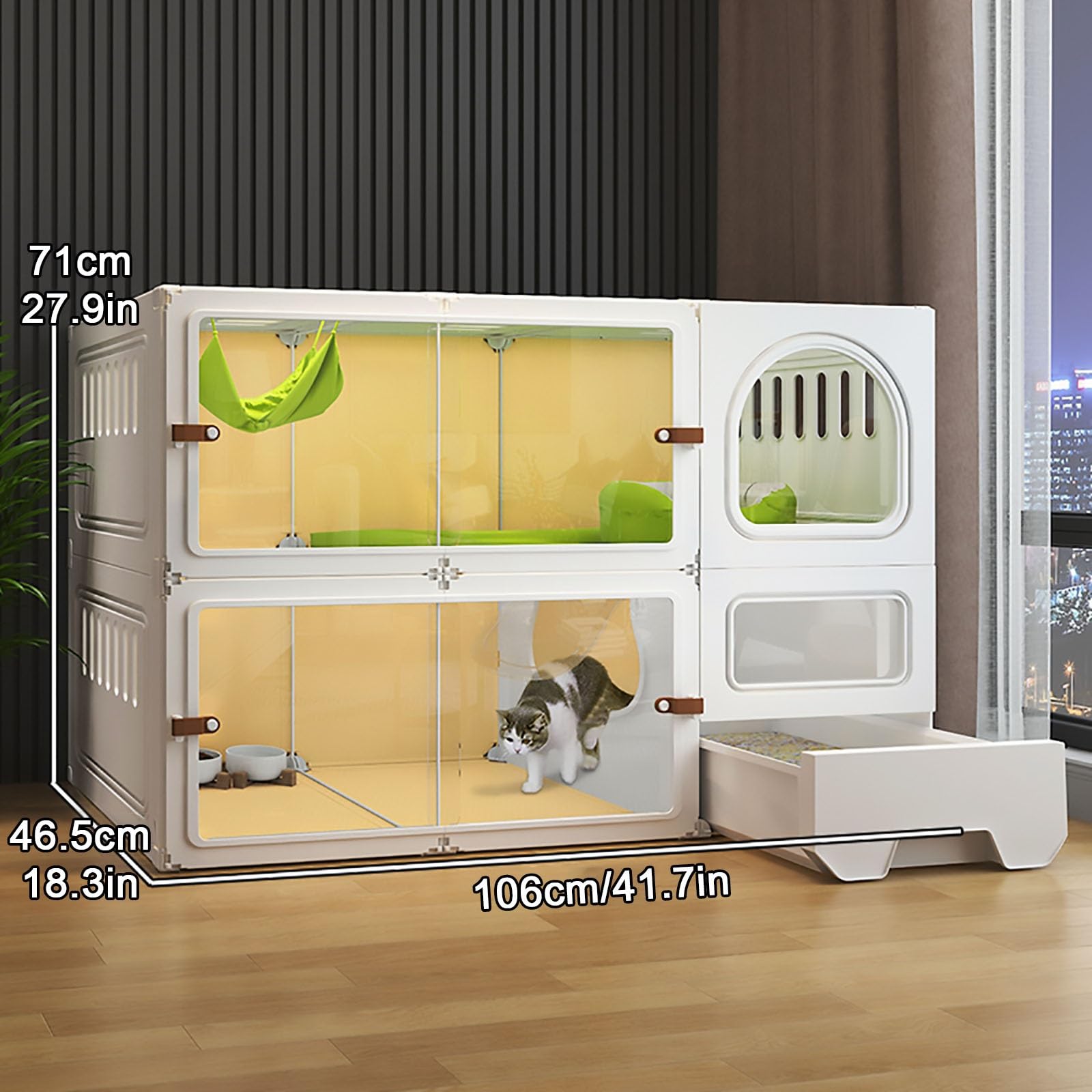 Gabbia per gatti da interno, recinzione portatile a 2/3 livelli, villa per gatti rimovibile con lettiera chiusa, design trasparente (106 x 46,5 x 71 cm) per un facile accesso e pulizia