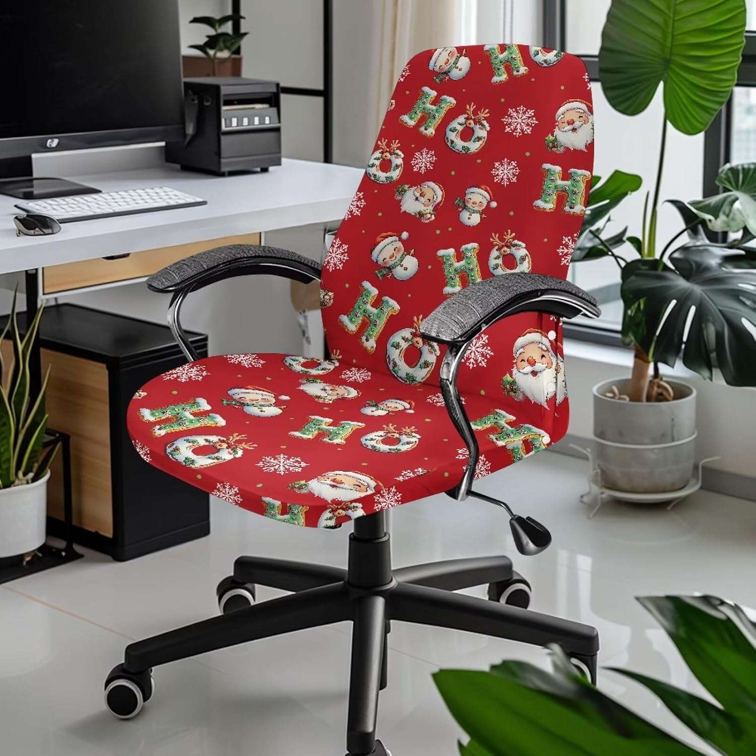 Wanyint Ho Ho Ho Santa Claus Snowman Red Office Chair Cover Stretchable Desk Chair Protector Non-Slip Computer Office Chair Slipcover Washable with Elastic Bottom Christmas Home Decor, S