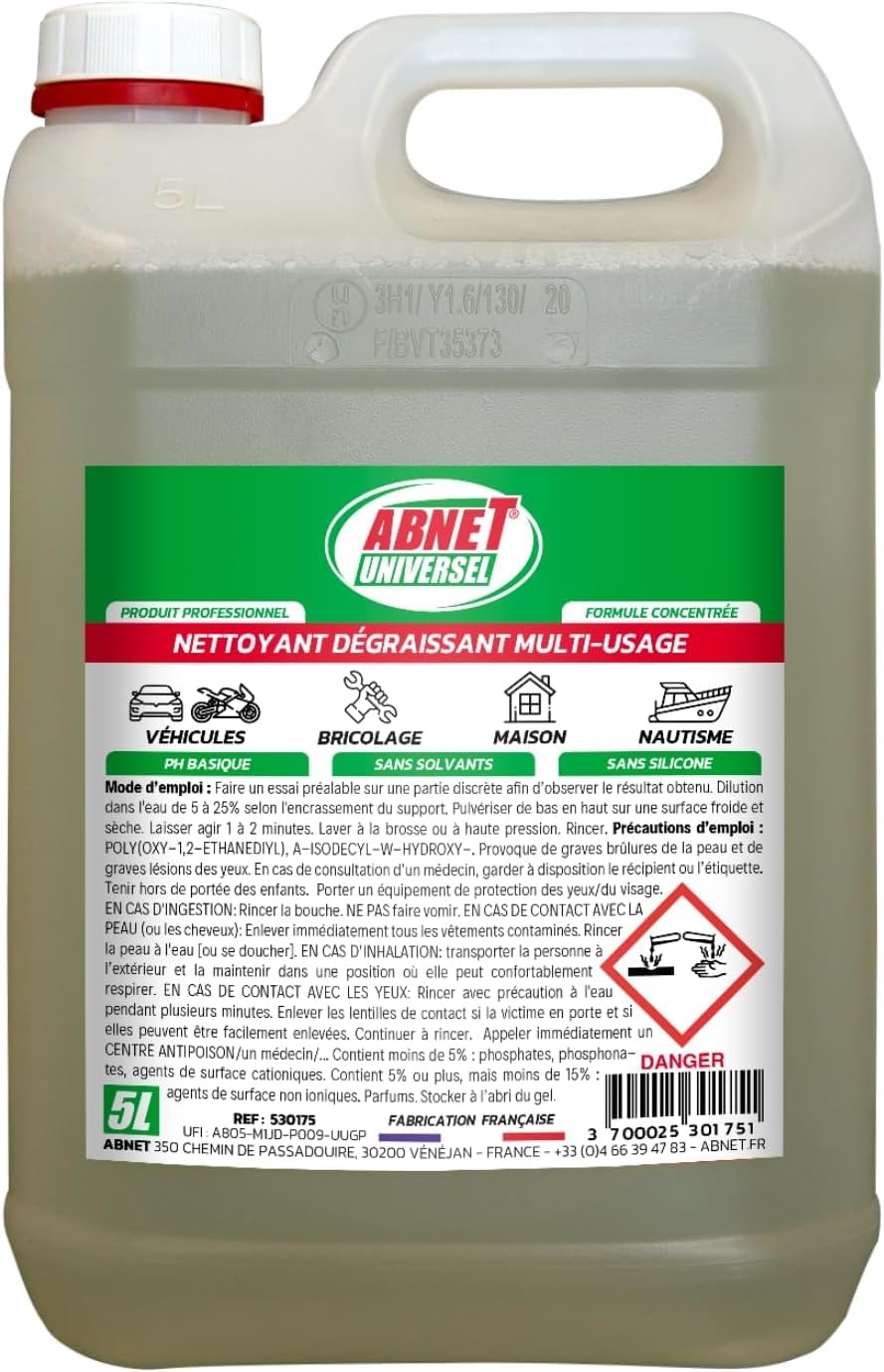 ABNET - Abnet Universel - Nettoyant-Dégraissant Multi-usages - Décollement des salissures - 5L