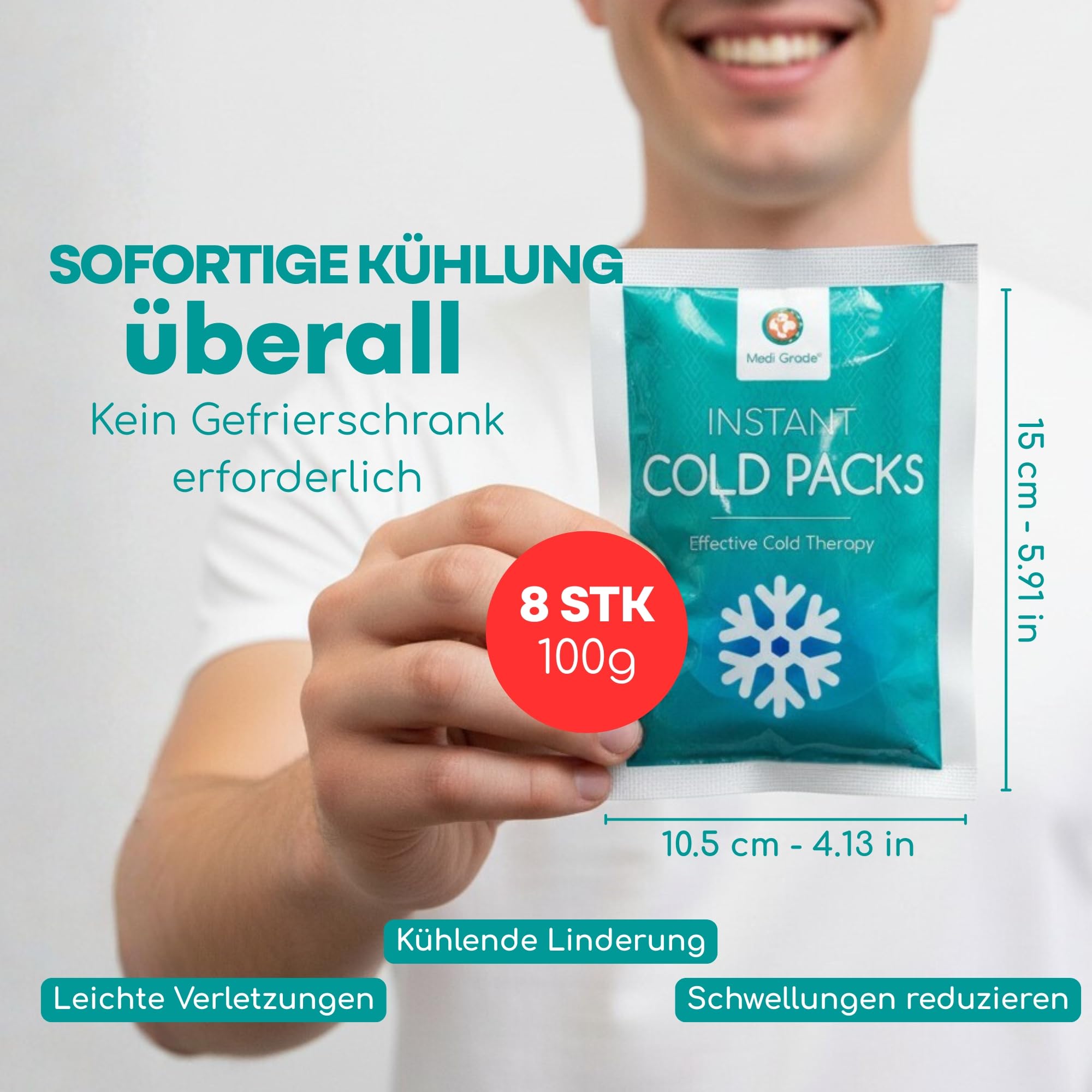 Medi Grade Kühlpacks zum Knicken, 8 St., 100 g (11,43 x 15,24 cm) - Sofort Kältekompresse, Kein Gefrierschrank Erforderlich – Einmal Kühlpacks für Verletzungen, Knöchel, Knie mit Stabilisierungsband