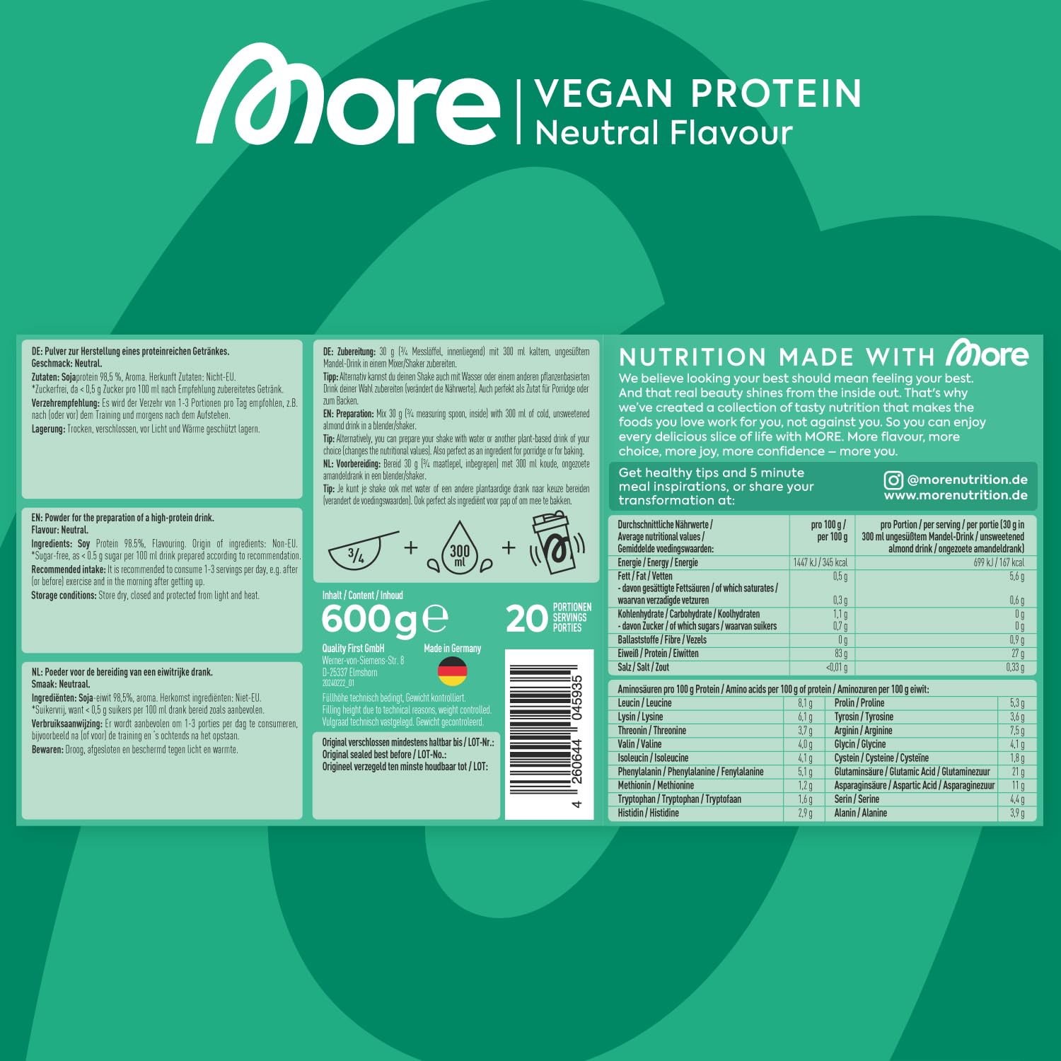 Mehr Vegan Protein Neutral 2x600g 40 Portionen Veganes Proteinpulver mit bis zu 27g Protein pro Portion mit Sojaprotein - Made in Germany